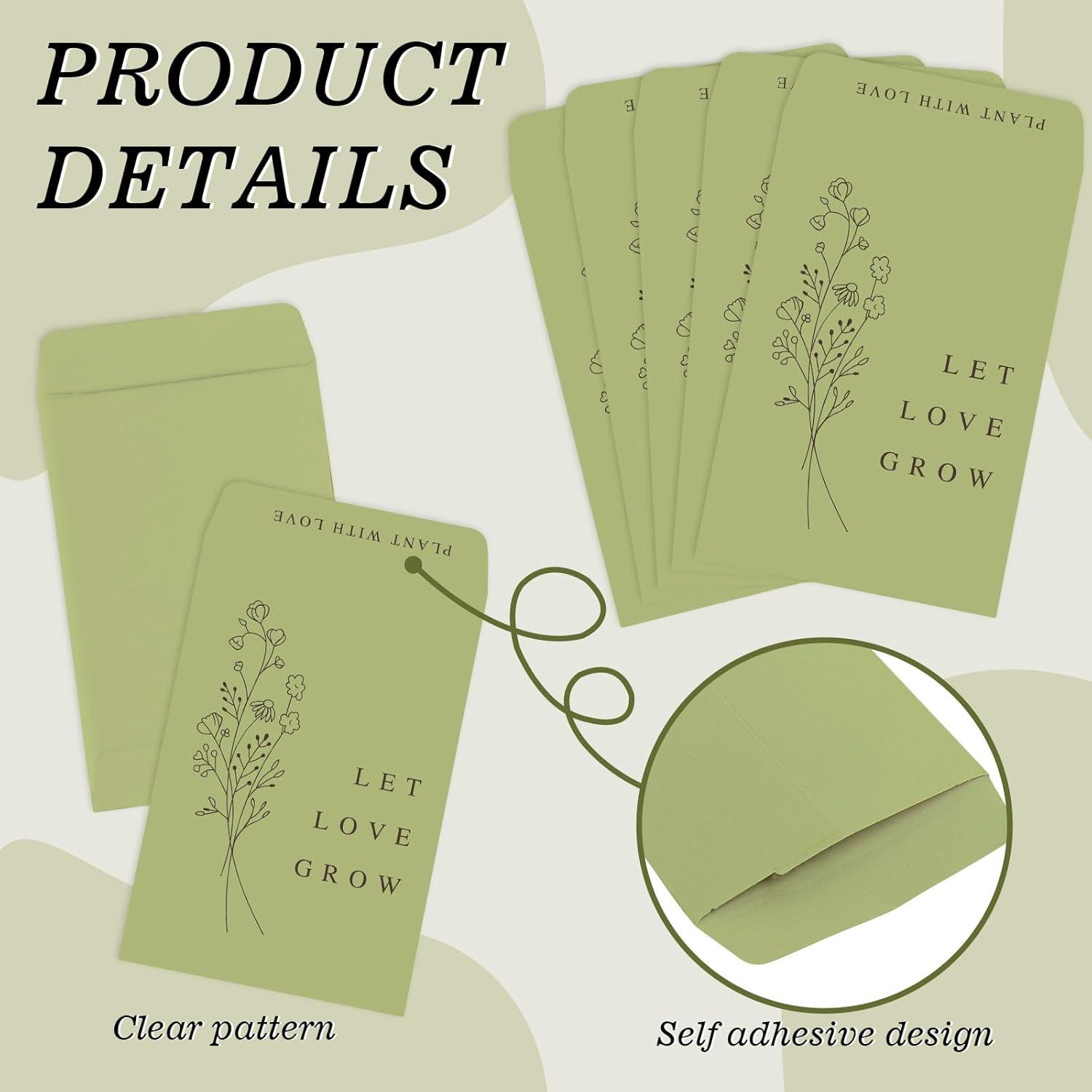 imageWhaline 200Pcs Self Adhesive Wedding Favor Packets Let Love Grow Green Envelope Minimalist Storage Pockets for Garden Office Gift Party Supplies 35 x 24 InchGreen