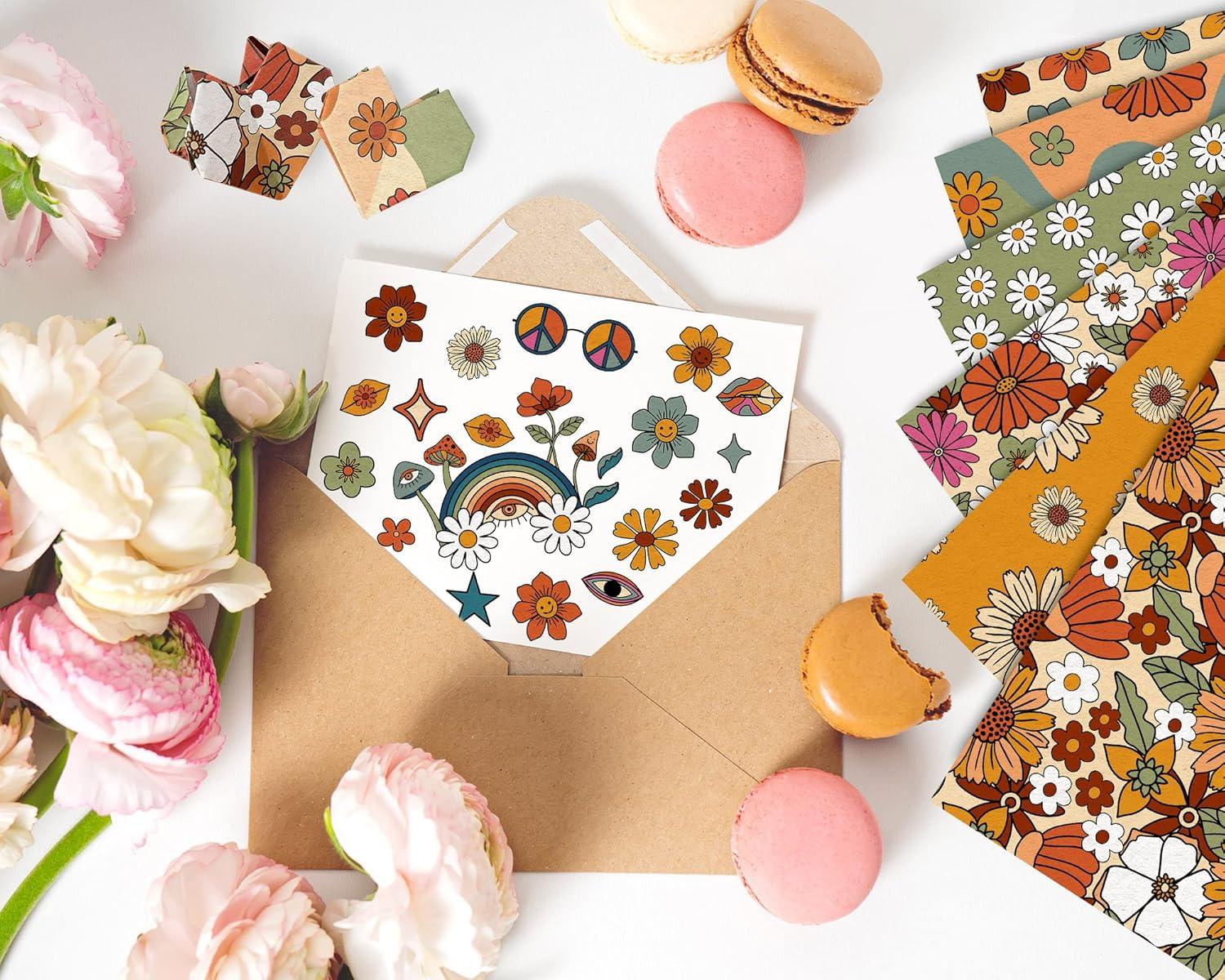 imageWhaline 24 Sheet Retro Floral Pattern Paper 12 Designs Hippie Groovy Boho Rainbow Scrapbook DoubleSided Craft Paper Folded Flat for Card Making Scrapbook Photo Album Spring Summer Decor 30 x 30cm