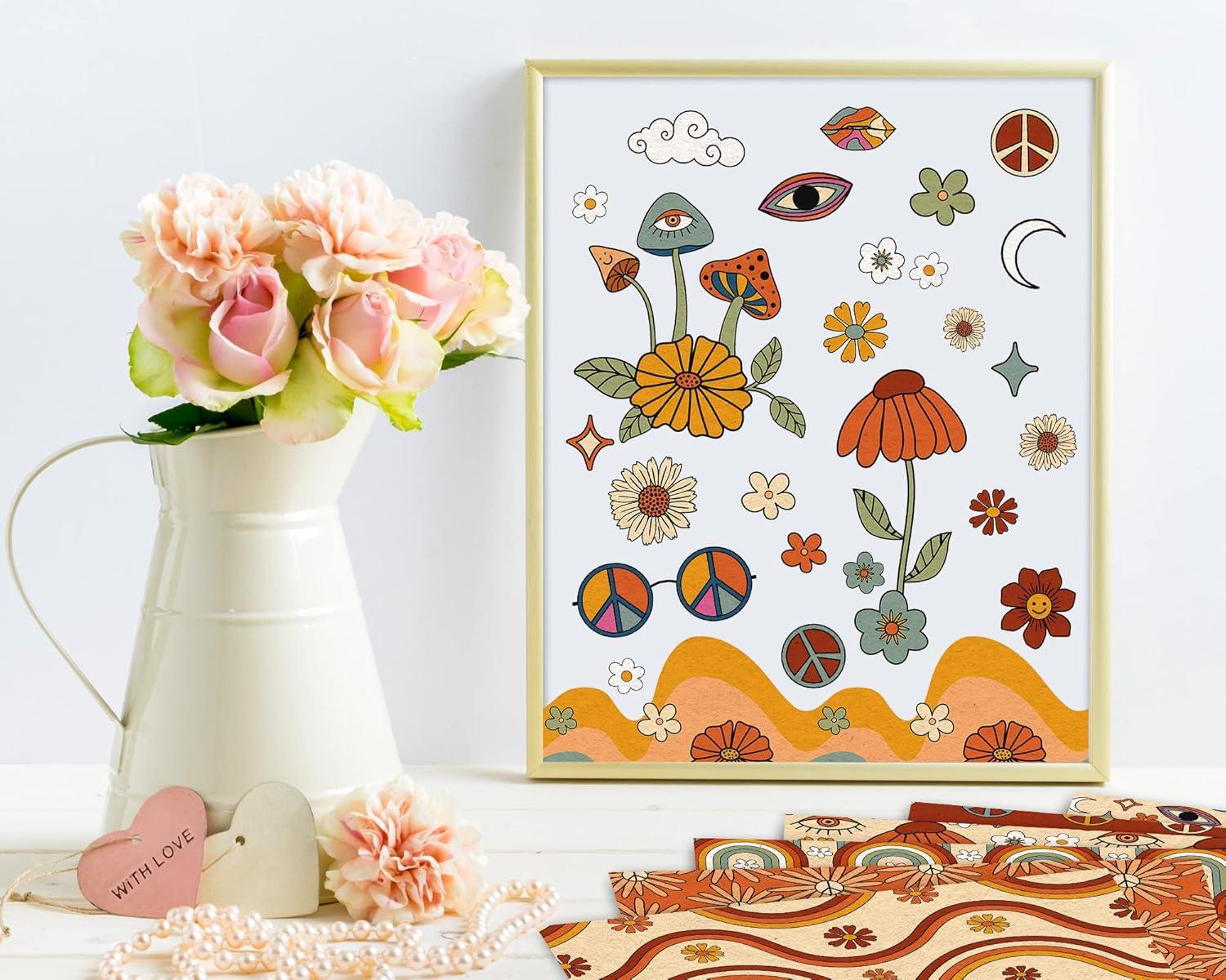 imageWhaline 24 Sheet Retro Floral Pattern Paper 12 Designs Hippie Groovy Boho Rainbow Scrapbook DoubleSided Craft Paper Folded Flat for Card Making Scrapbook Photo Album Spring Summer Decor 30 x 30cm