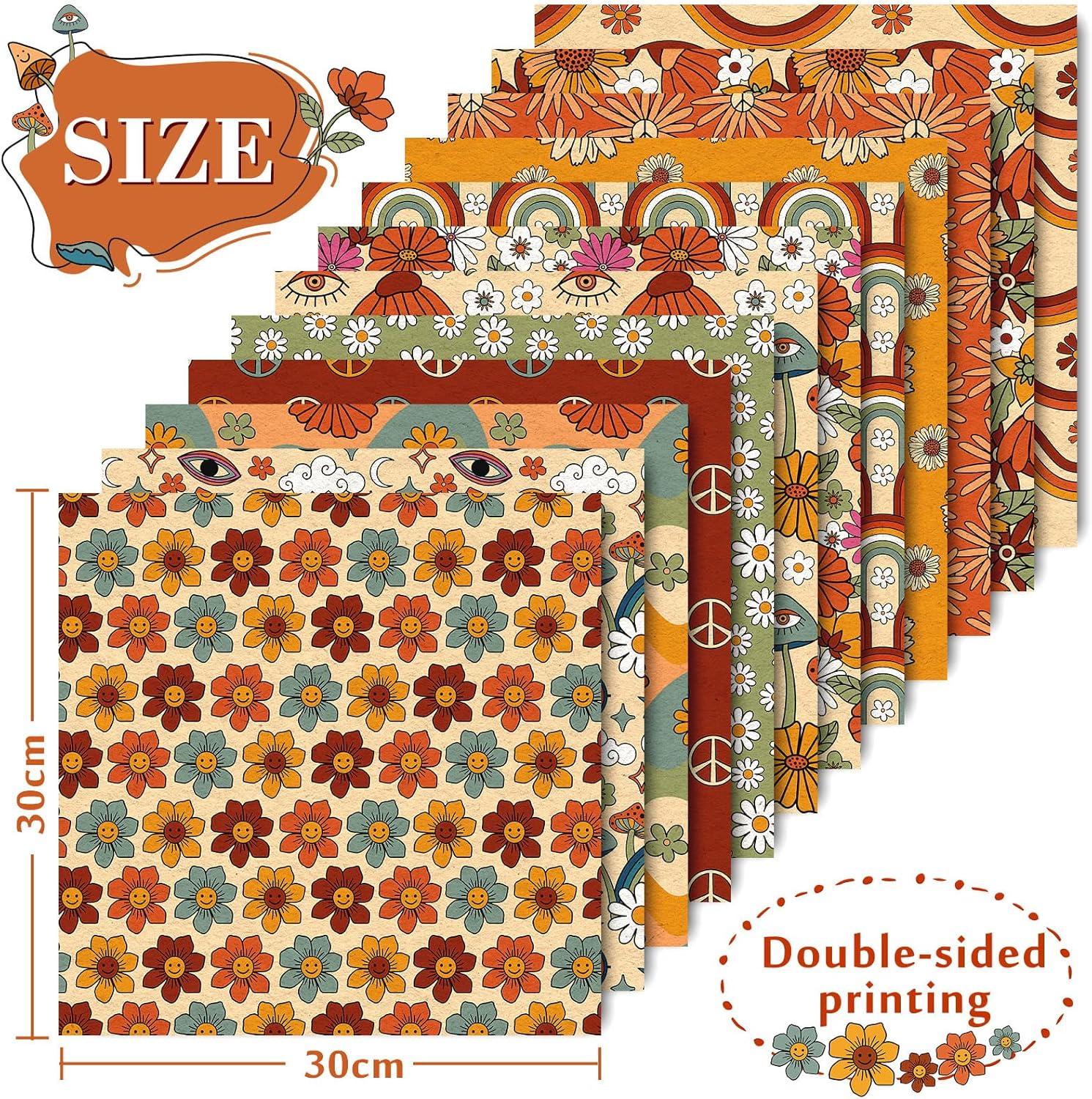 imageWhaline 24 Sheet Retro Floral Pattern Paper 12 Designs Hippie Groovy Boho Rainbow Scrapbook DoubleSided Craft Paper Folded Flat for Card Making Scrapbook Photo Album Spring Summer Decor 30 x 30cm