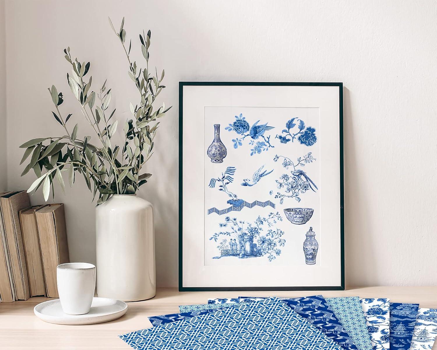 imageWhaline 24 Sheets Chinoiserie Pattern Paper 12 Design Blue China Scrapbook Specialty DoubleSided Collection Oriental Decorative Craft Paper Folded Flat for Chinoiserie Card Making Scrapbook