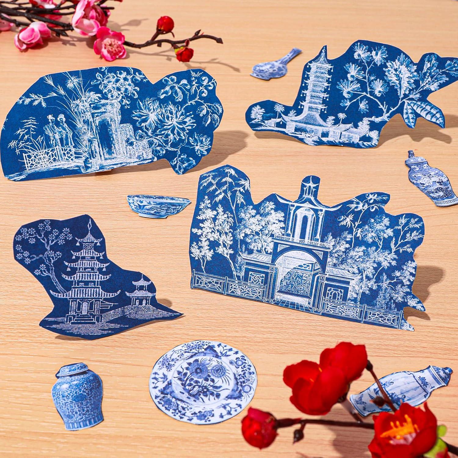 imageWhaline 24 Sheets Chinoiserie Pattern Paper 12 Design Blue China Scrapbook Specialty DoubleSided Collection Oriental Decorative Craft Paper Folded Flat for Chinoiserie Card Making Scrapbook