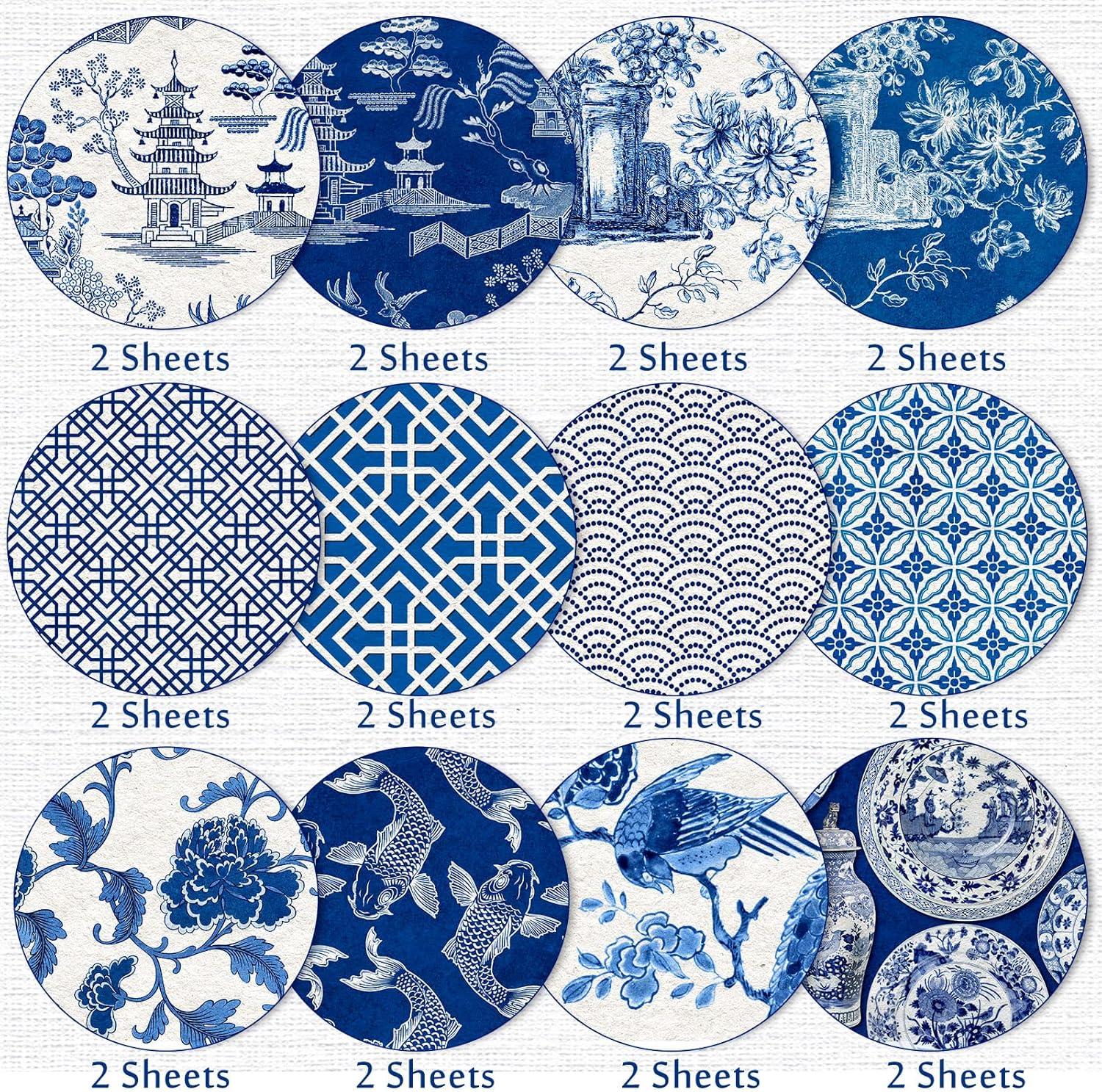 imageWhaline 24 Sheets Chinoiserie Pattern Paper 12 Design Blue China Scrapbook Specialty DoubleSided Collection Oriental Decorative Craft Paper Folded Flat for Chinoiserie Card Making Scrapbook
