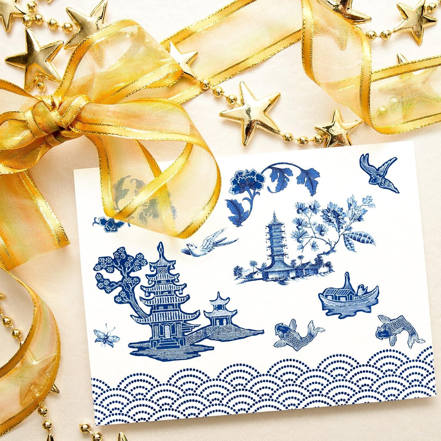 imageWhaline 24 Sheets Chinoiserie Pattern Paper 12 Design Blue China Scrapbook Specialty DoubleSided Collection Oriental Decorative Craft Paper Folded Flat for Chinoiserie Card Making Scrapbook