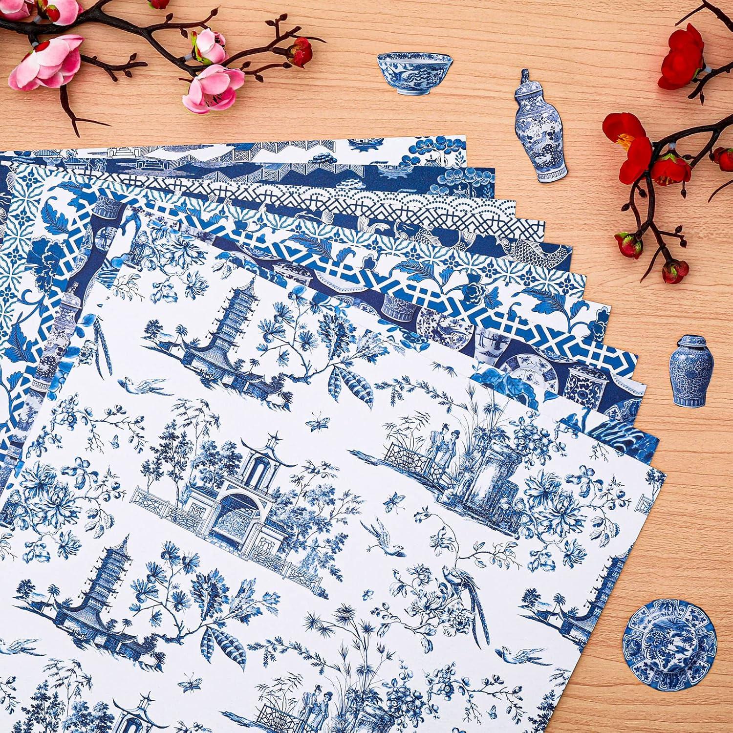 imageWhaline 24 Sheets Chinoiserie Pattern Paper 12 Design Blue China Scrapbook Specialty DoubleSided Collection Oriental Decorative Craft Paper Folded Flat for Chinoiserie Card Making Scrapbook