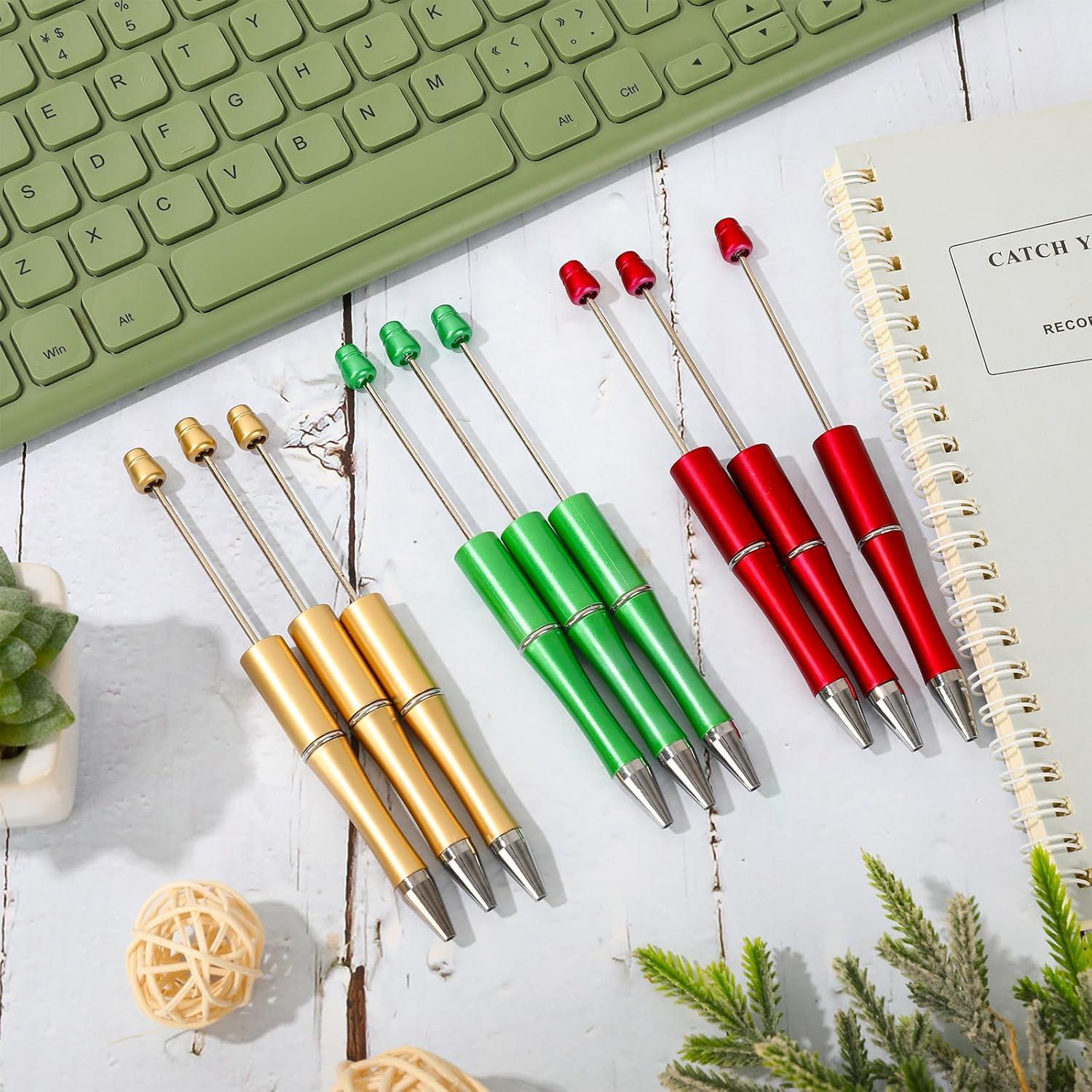 imageWhaline 24Pcs Beadable Pen Black Gold Silver Bead Ballpoint Pen Gel Ink Pen Retractable Writing Pens with Extra Refills for DIY Crafts Office School Gifts Party SuppliesRed Green Gold