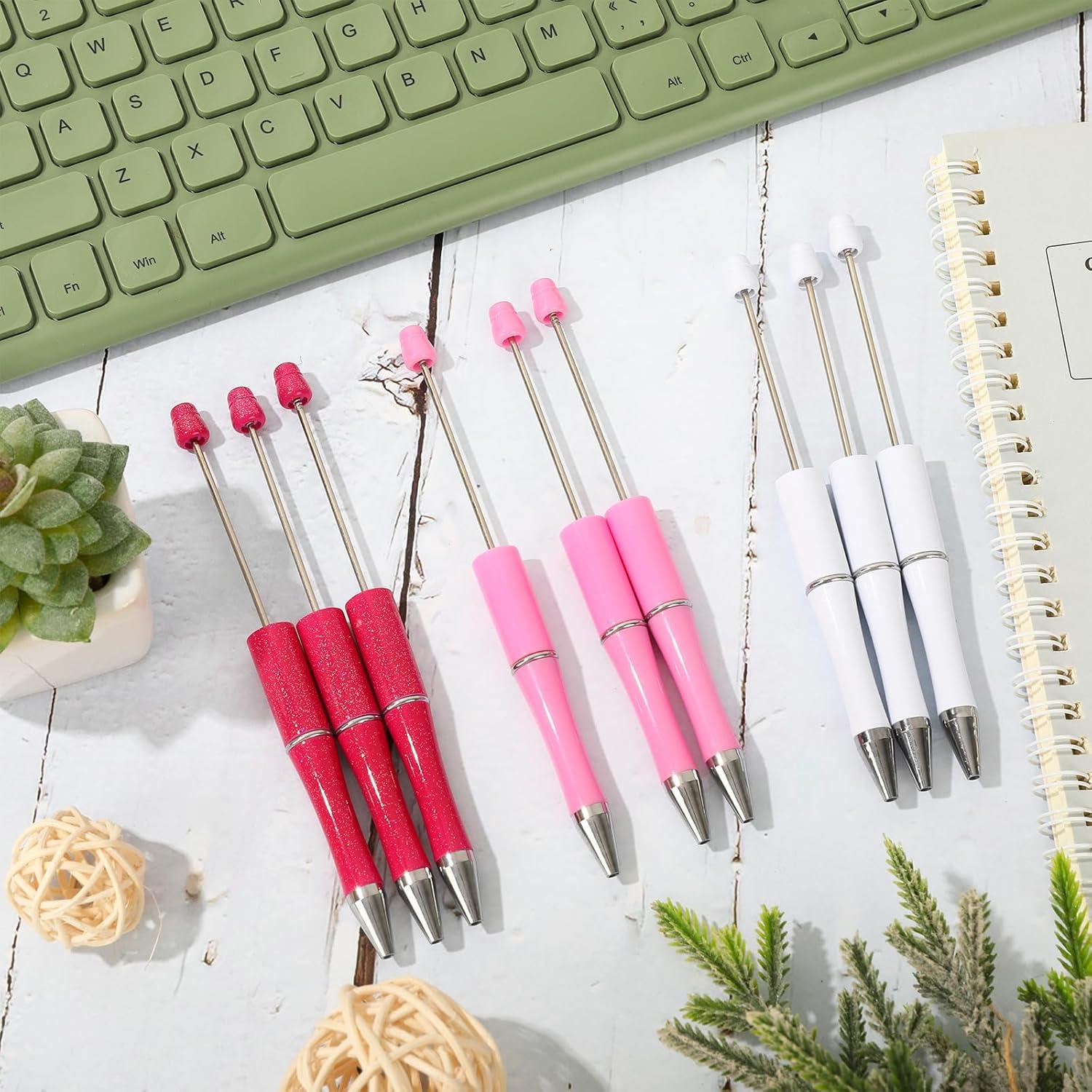 imageWhaline 24Pcs Beadable Pen Black Gold Silver Bead Ballpoint Pen Gel Ink Pen Retractable Writing Pens with Extra Refills for DIY Crafts Office School Gifts Party SuppliesRed Pink White