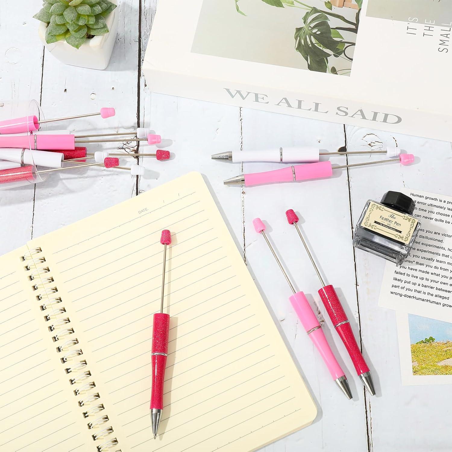 imageWhaline 24Pcs Beadable Pen Black Gold Silver Bead Ballpoint Pen Gel Ink Pen Retractable Writing Pens with Extra Refills for DIY Crafts Office School Gifts Party SuppliesRed Pink White