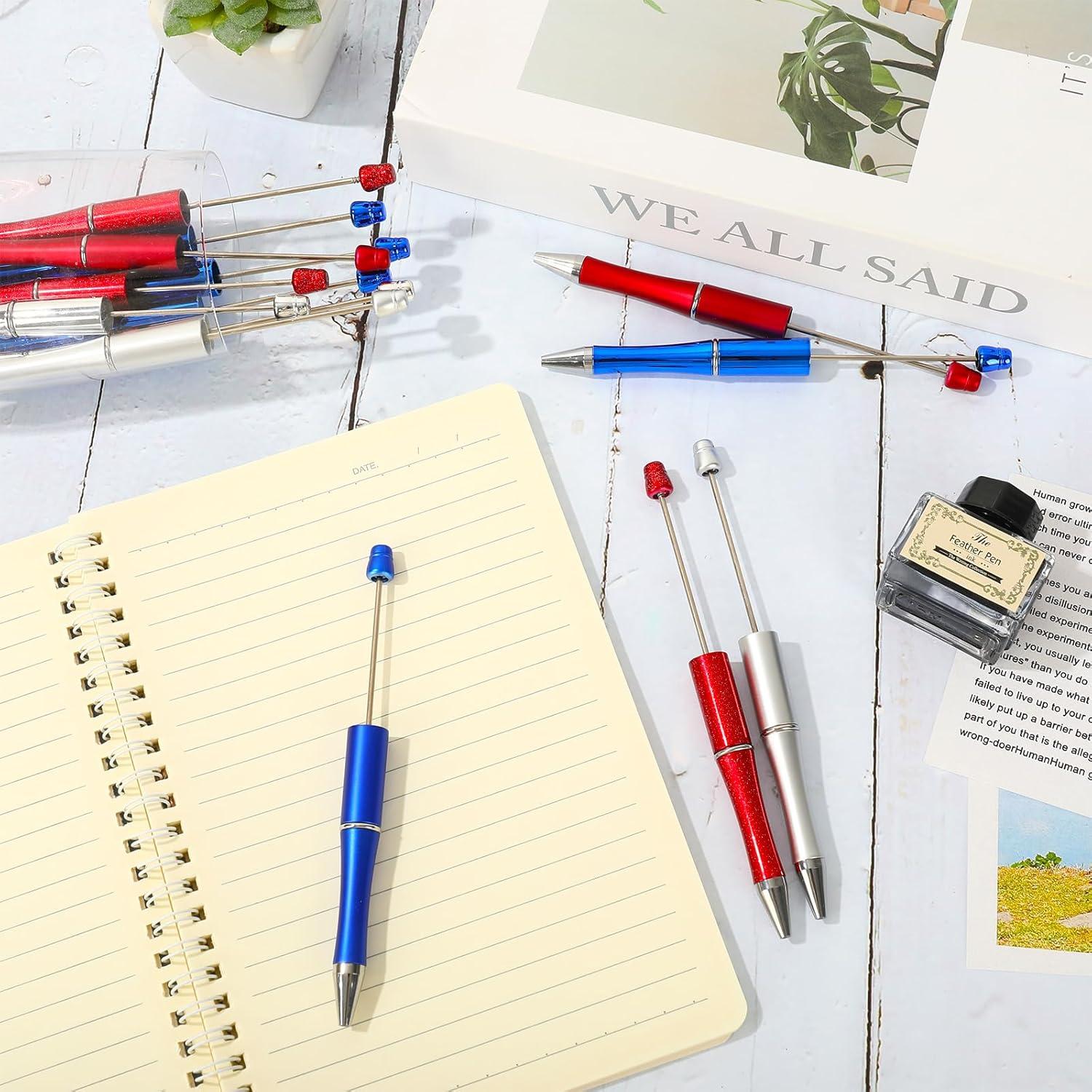 imageWhaline 24Pcs Beadable Pen Black Gold Silver Bead Ballpoint Pen Gel Ink Pen Retractable Writing Pens with Extra Refills for DIY Crafts Office School Gifts Party SuppliesRed Blue Silver