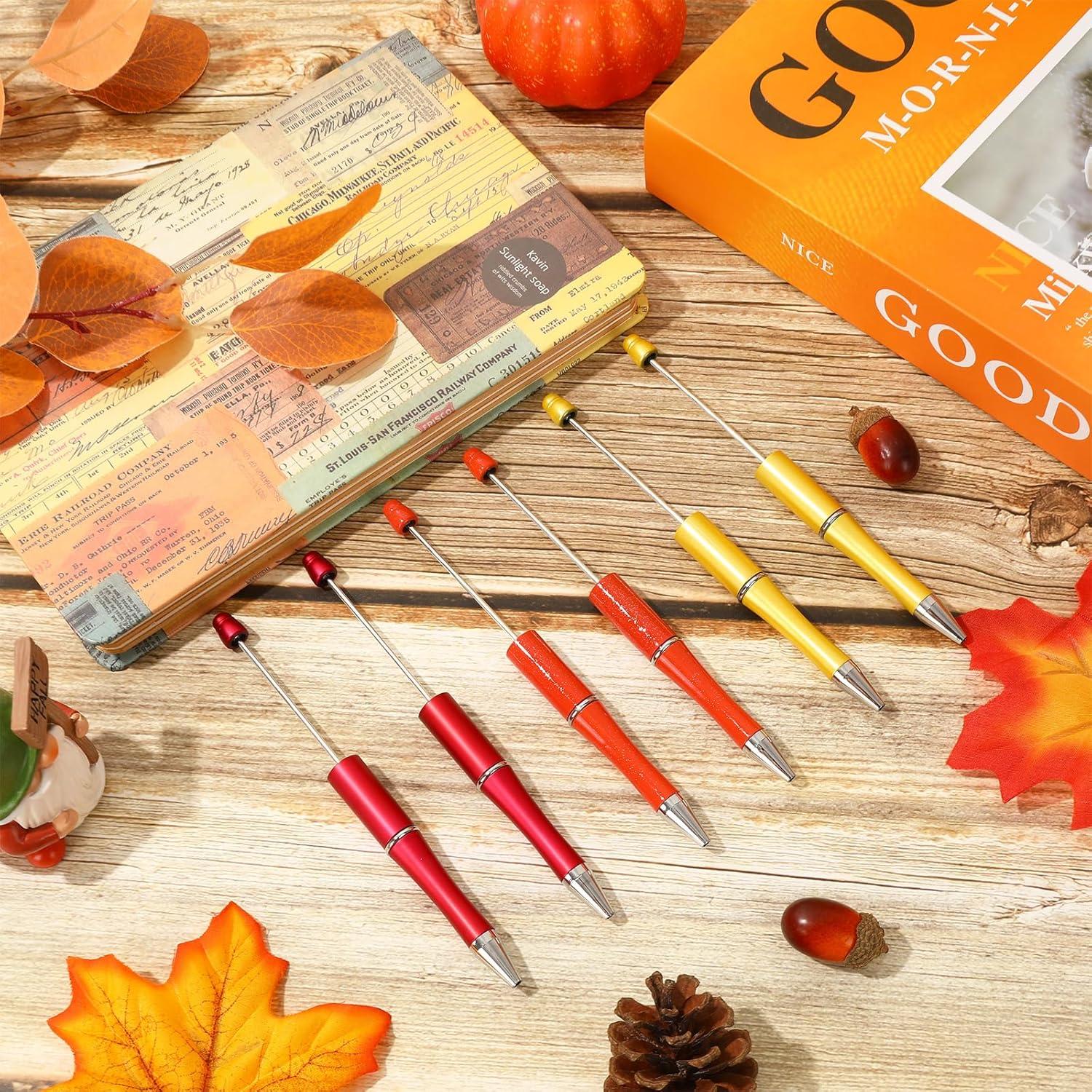 imageWhaline 24Pcs Beadable Pen Black Gold Silver Bead Ballpoint Pen Gel Ink Pen Retractable Writing Pens with Extra Refills for DIY Crafts Office School Gifts Party SuppliesOrange Red Yellow