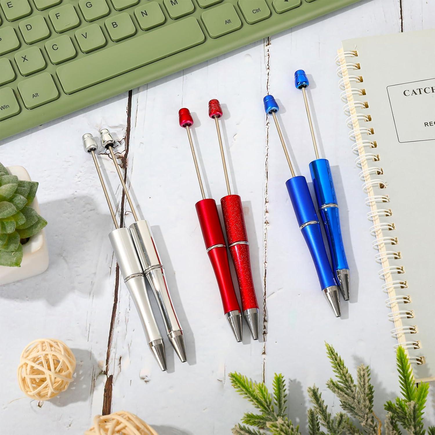 imageWhaline 24Pcs Beadable Pen Black Gold Silver Bead Ballpoint Pen Gel Ink Pen Retractable Writing Pens with Extra Refills for DIY Crafts Office School Gifts Party SuppliesRed Blue Silver