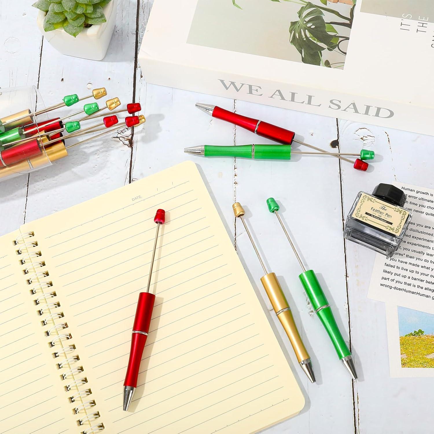 imageWhaline 24Pcs Beadable Pen Black Gold Silver Bead Ballpoint Pen Gel Ink Pen Retractable Writing Pens with Extra Refills for DIY Crafts Office School Gifts Party SuppliesRed Green Gold