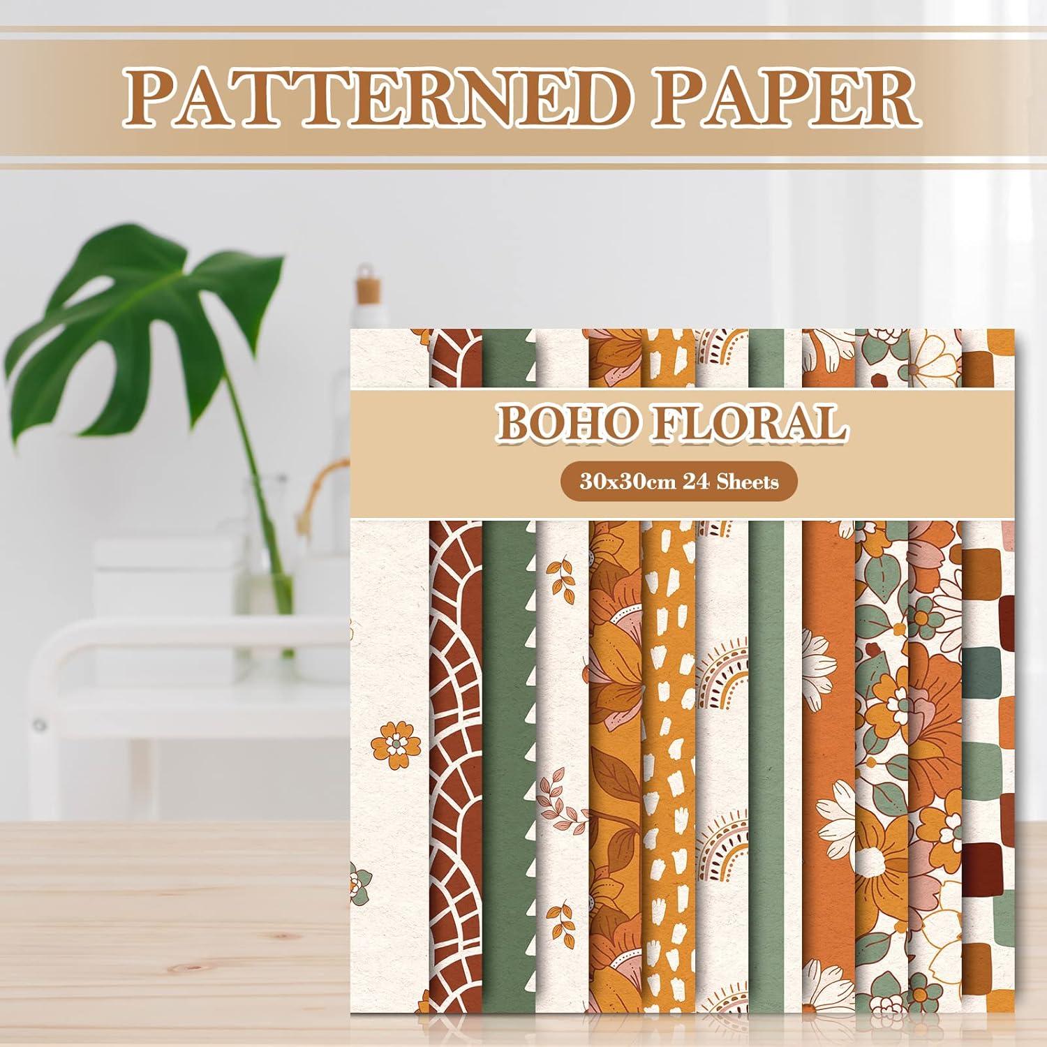 imageWhaline 24Pcs Floral Pattern Paper 30x30cm Retro Boho Rainbow DoubleSided Scrapbook Paper Hippie Groovy Craft Papers Folded Flat for DIY Background Card Making Photo Album Junk Journal Decoration