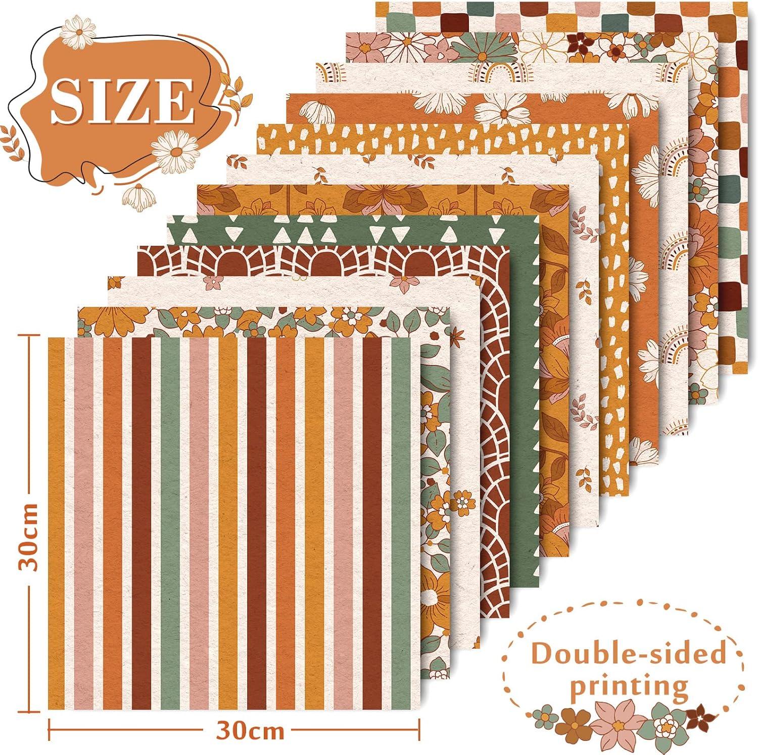 imageWhaline 24Pcs Floral Pattern Paper 30x30cm Retro Boho Rainbow DoubleSided Scrapbook Paper Hippie Groovy Craft Papers Folded Flat for DIY Background Card Making Photo Album Junk Journal Decoration
