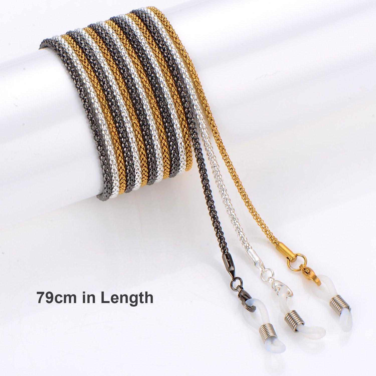 imageWhaline 3 Pieces Eyeglasses Chain Sunglass Neck Strap Holder with 6 Pcs Adjustable Rubber Ends ConnectorsGolden Silver Black