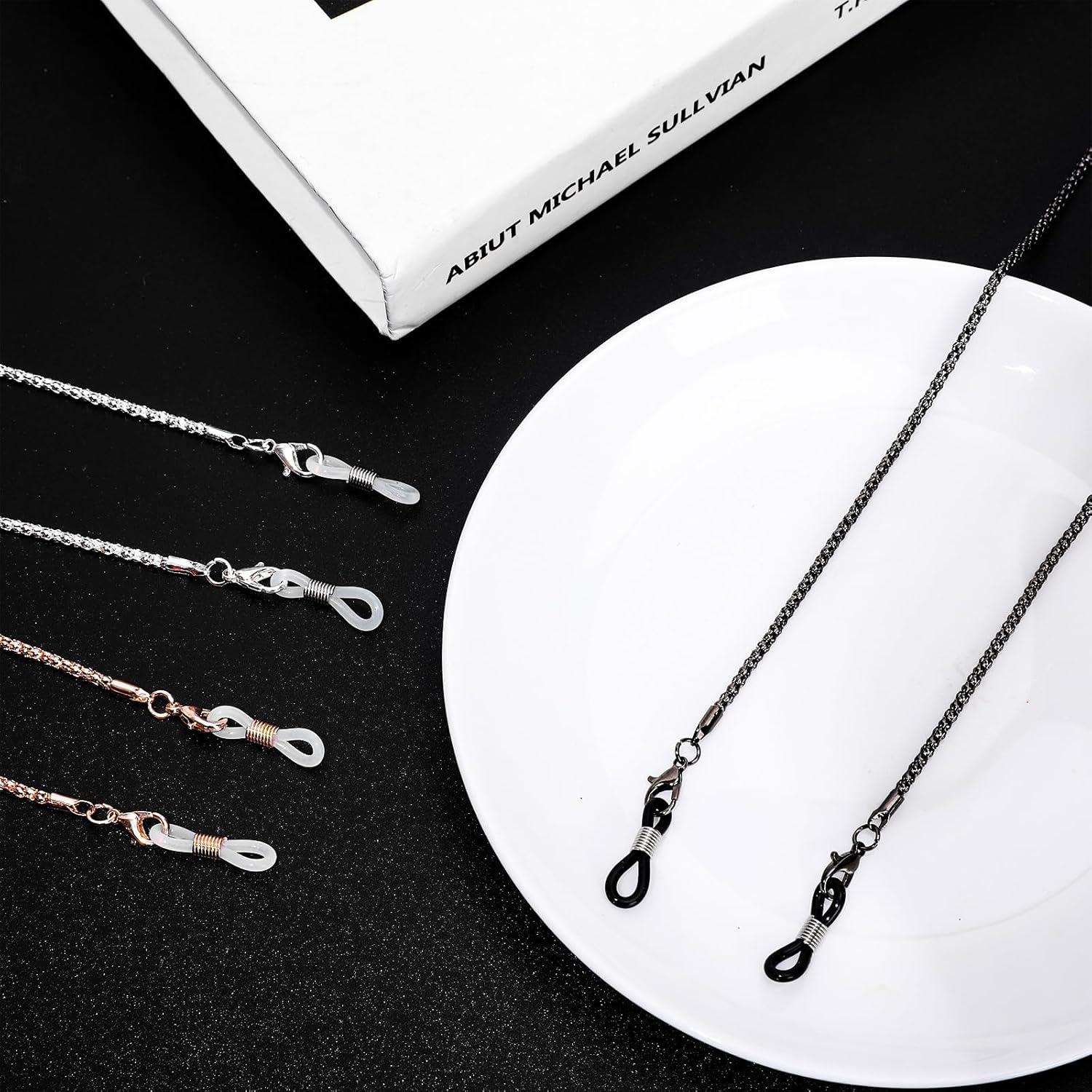 imageWhaline 3 Pieces Eyeglasses Chain Sunglass Neck Strap Holder with 6 Pcs Adjustable Rubber Ends ConnectorsSilver Rose Gold Black