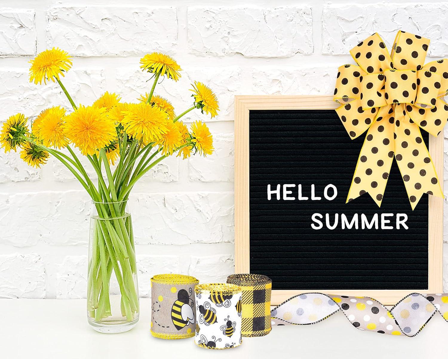 imageWhaline 30 Yard Summer Bumble Bee Fabric Burlap Ribbon 6 Design Yellow Black Dots Plaid Strip Wired Edge Ribbon Fabric Craft Decorative Ribbon for Gift Wrapping Birthday Party Decor Hair Bow Sewing