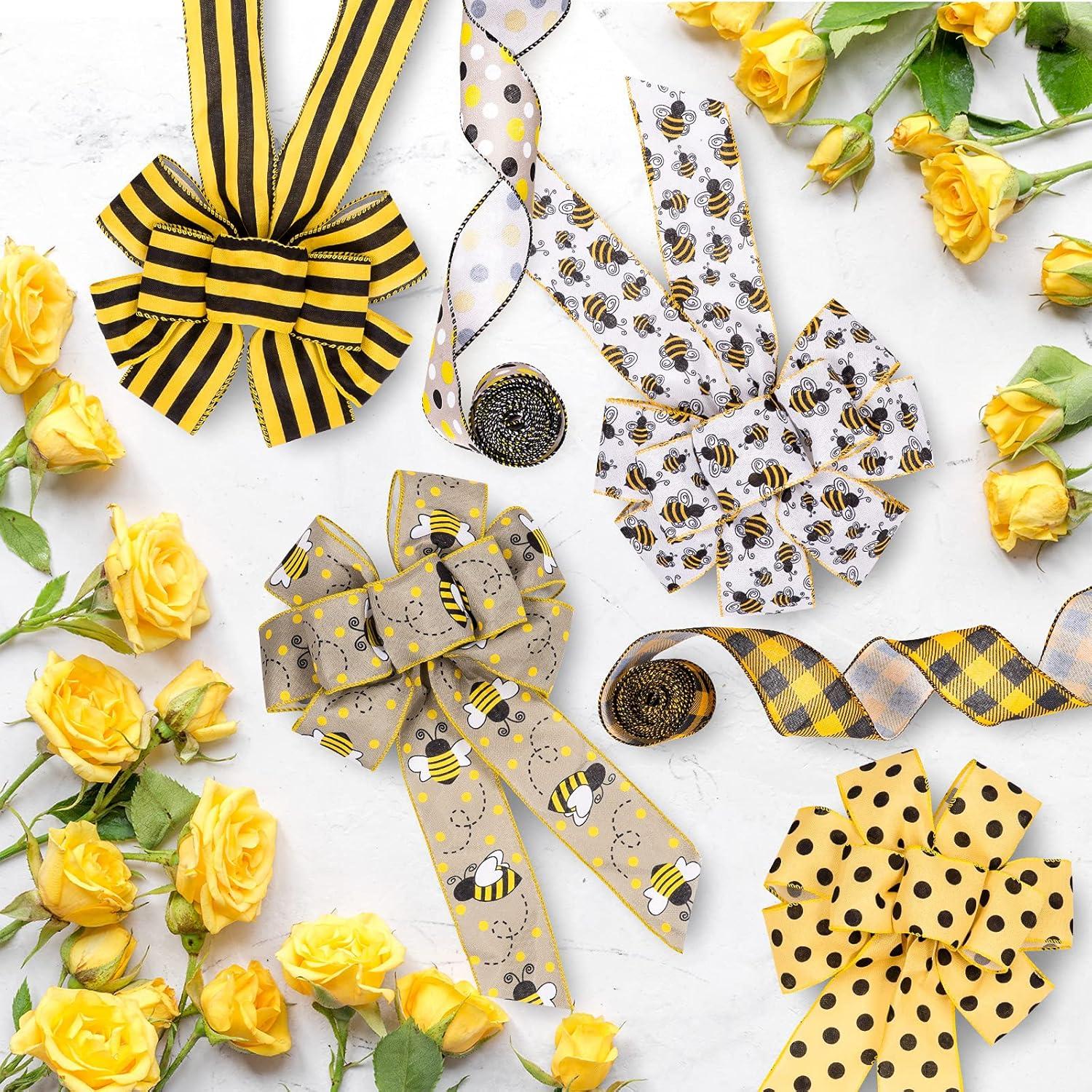 imageWhaline 30 Yard Summer Bumble Bee Fabric Burlap Ribbon 6 Design Yellow Black Dots Plaid Strip Wired Edge Ribbon Fabric Craft Decorative Ribbon for Gift Wrapping Birthday Party Decor Hair Bow Sewing