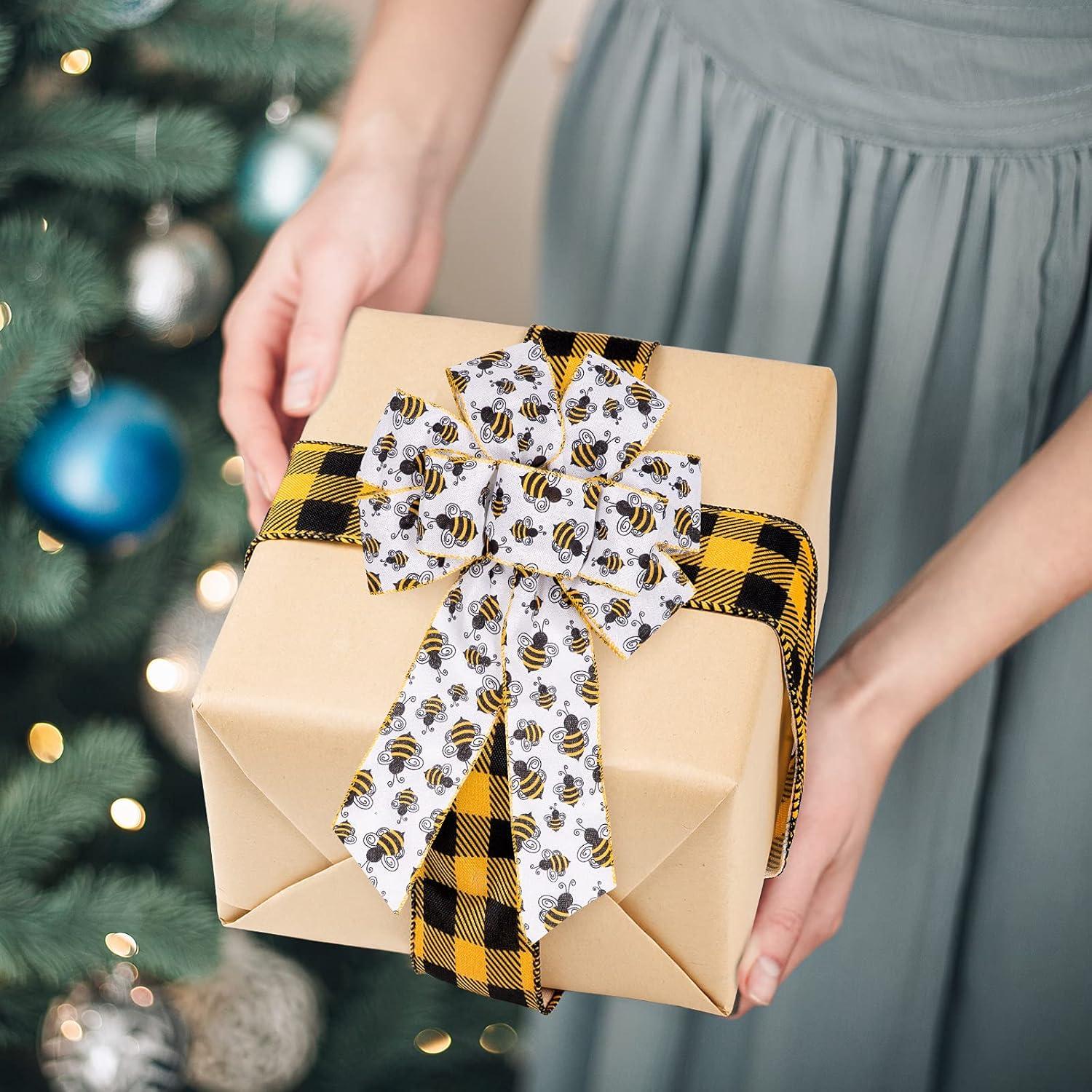 imageWhaline 30 Yard Summer Bumble Bee Fabric Burlap Ribbon 6 Design Yellow Black Dots Plaid Strip Wired Edge Ribbon Fabric Craft Decorative Ribbon for Gift Wrapping Birthday Party Decor Hair Bow Sewing