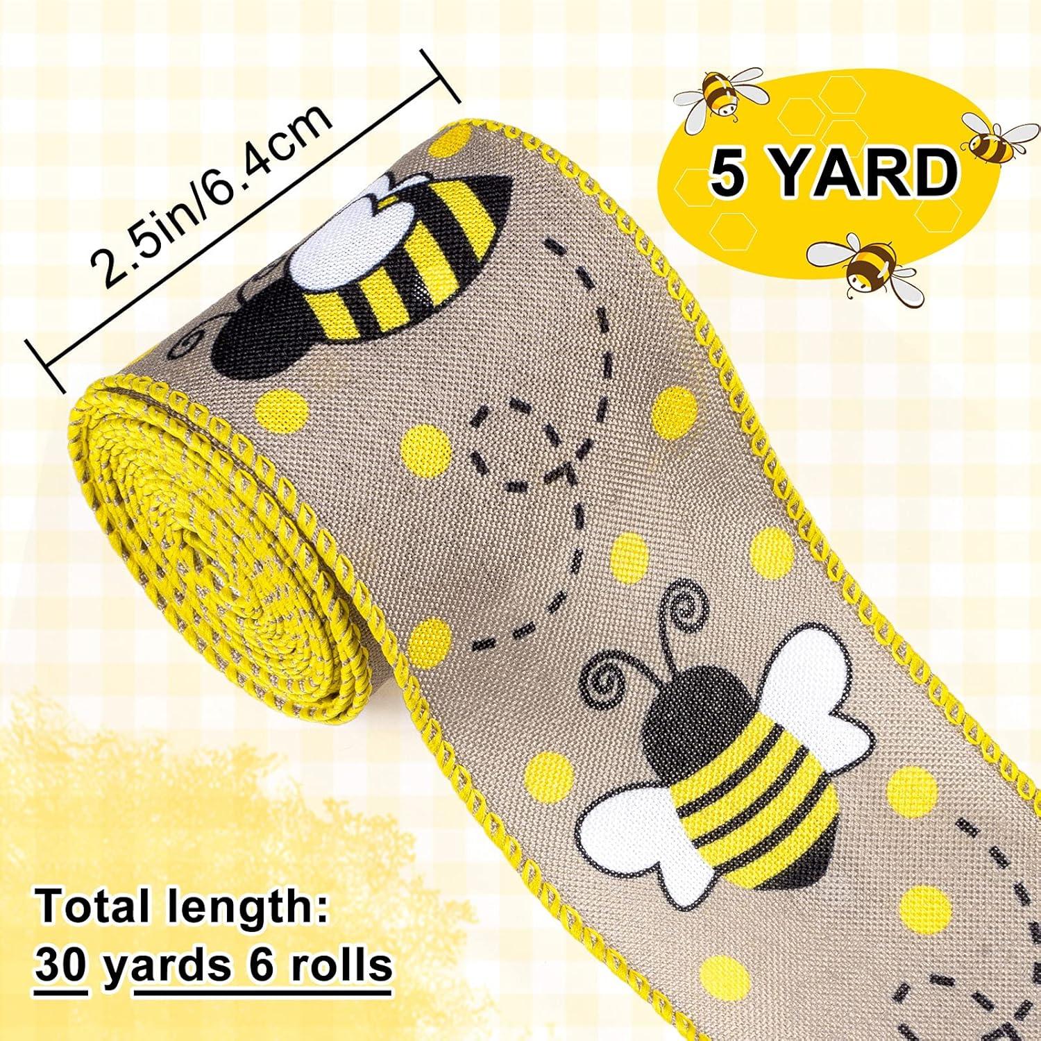 imageWhaline 30 Yard Summer Bumble Bee Fabric Burlap Ribbon 6 Design Yellow Black Dots Plaid Strip Wired Edge Ribbon Fabric Craft Decorative Ribbon for Gift Wrapping Birthday Party Decor Hair Bow Sewing