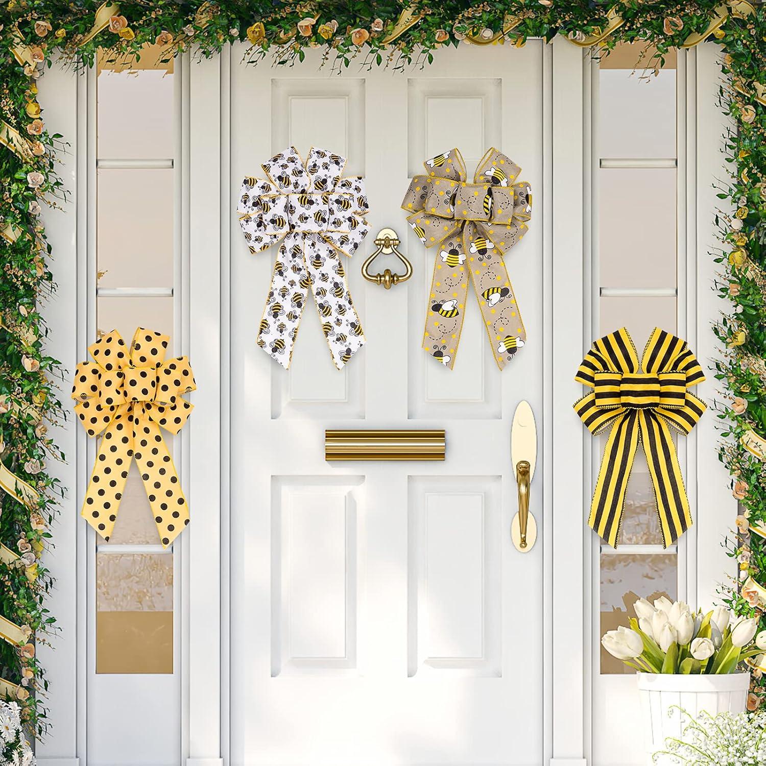 imageWhaline 30 Yard Summer Bumble Bee Fabric Burlap Ribbon 6 Design Yellow Black Dots Plaid Strip Wired Edge Ribbon Fabric Craft Decorative Ribbon for Gift Wrapping Birthday Party Decor Hair Bow Sewing