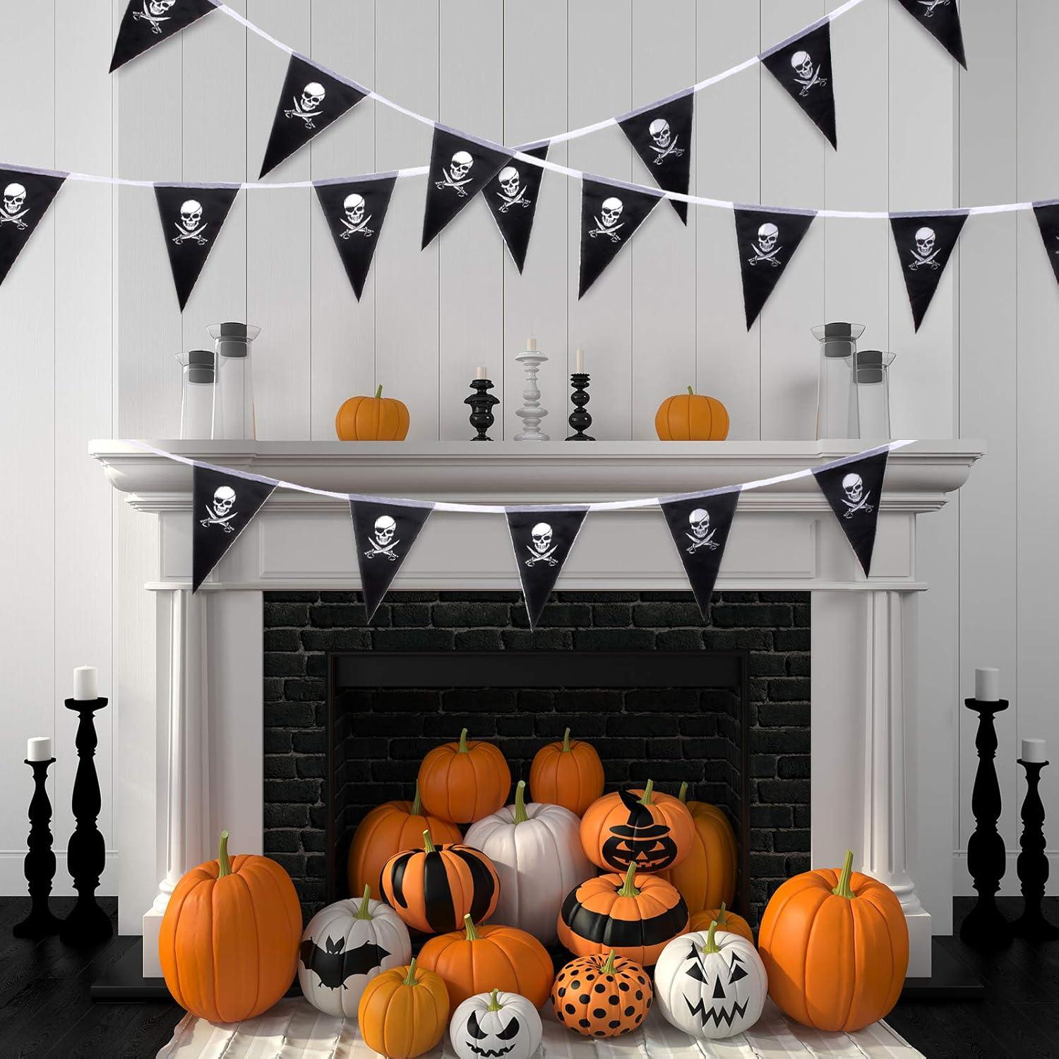 imageWhaline 315ft Halloween Jolly Roger Banner Skull Pirate Flags 30Pcs Triangle Flags Bunting for Halloween Party Pirate Party and Outdoor Decoration Vivid Color and UV Fade Resistant