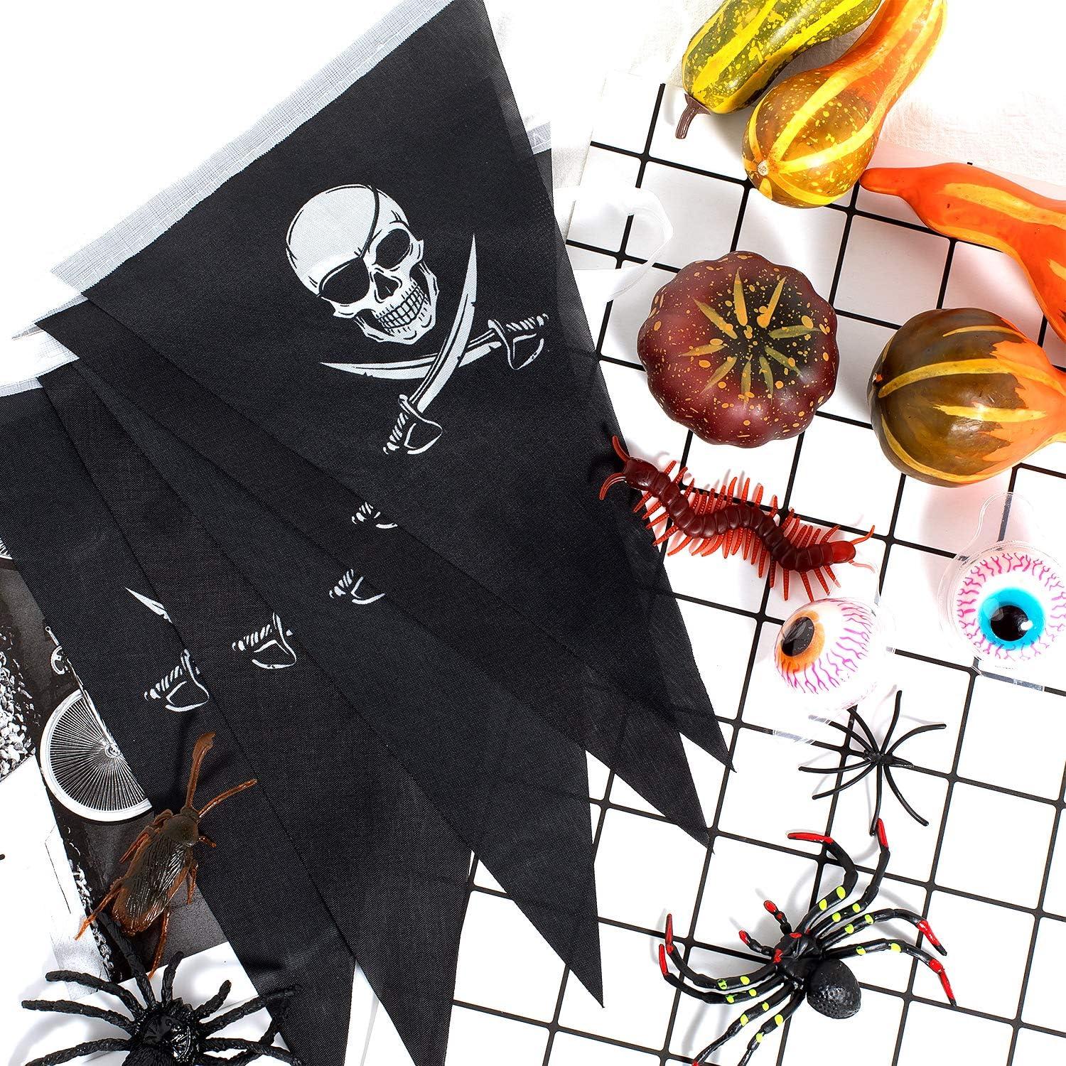 imageWhaline 315ft Halloween Jolly Roger Banner Skull Pirate Flags 30Pcs Triangle Flags Bunting for Halloween Party Pirate Party and Outdoor Decoration Vivid Color and UV Fade Resistant