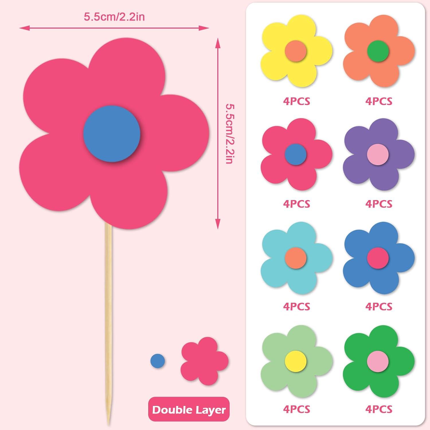 imageWhaline 32Pcs Groovy Retro Hipple Flower Cupcake Toppers 3D Colorful Pink Boho Cupcake Picks with Sticks Glue Point for Boho Party Supplies Cake DecorationsY2k Color