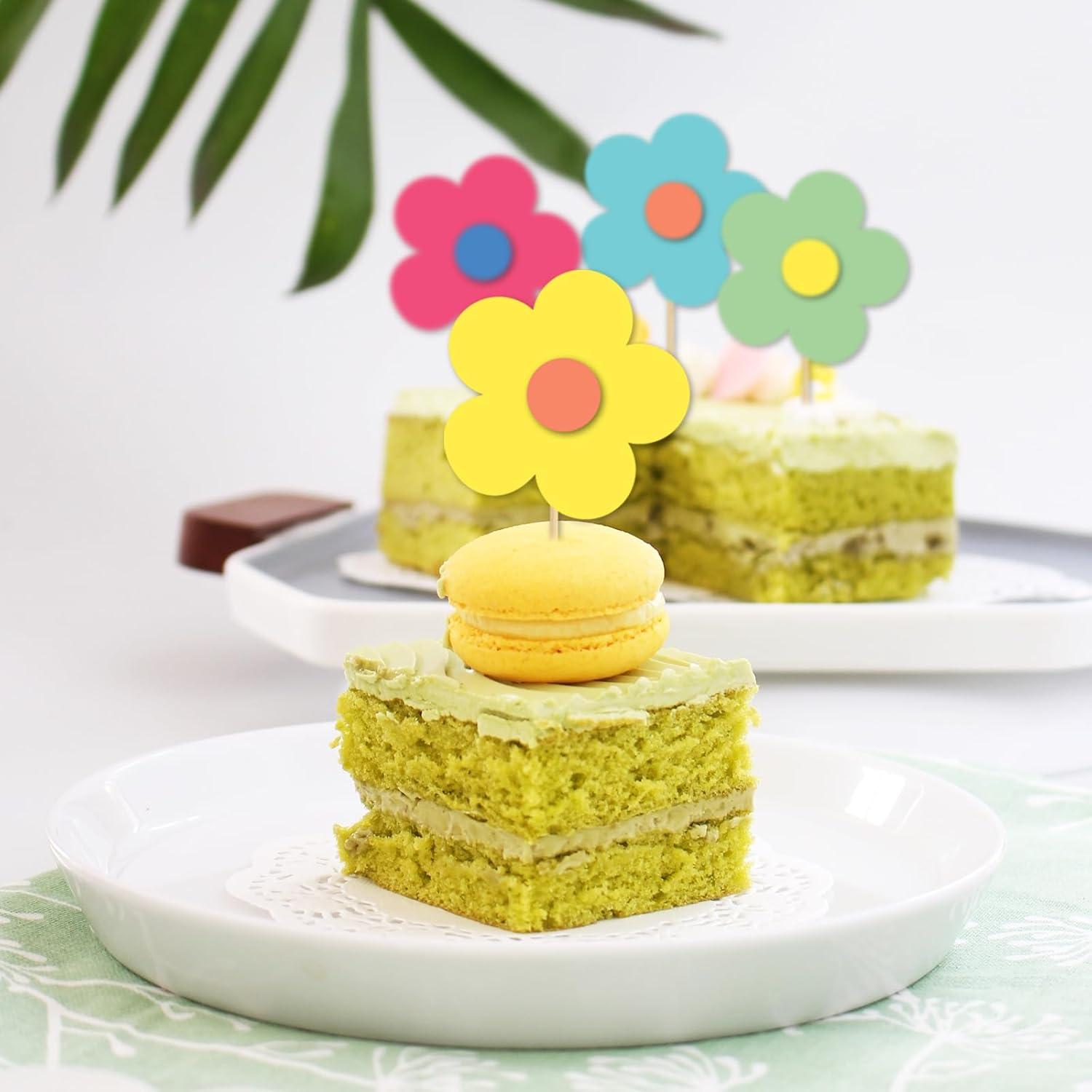 imageWhaline 32Pcs Groovy Retro Hipple Flower Cupcake Toppers 3D Colorful Pink Boho Cupcake Picks with Sticks Glue Point for Boho Party Supplies Cake DecorationsY2k Color