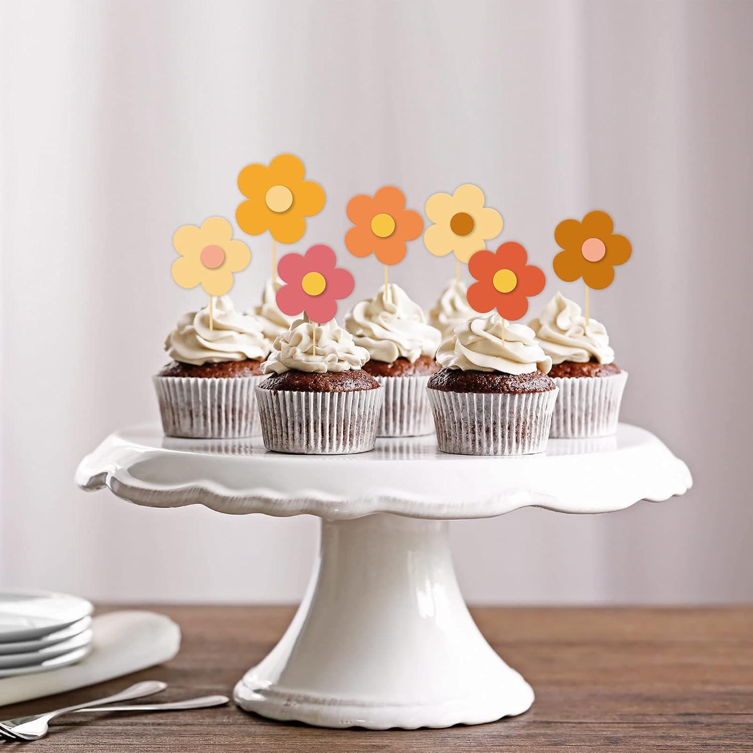 imageWhaline 32Pcs Groovy Retro Hipple Flower Cupcake Toppers 3D Colorful Pink Boho Cupcake Picks with Sticks Glue Point for Boho Party Supplies Cake DecorationsBoho Color