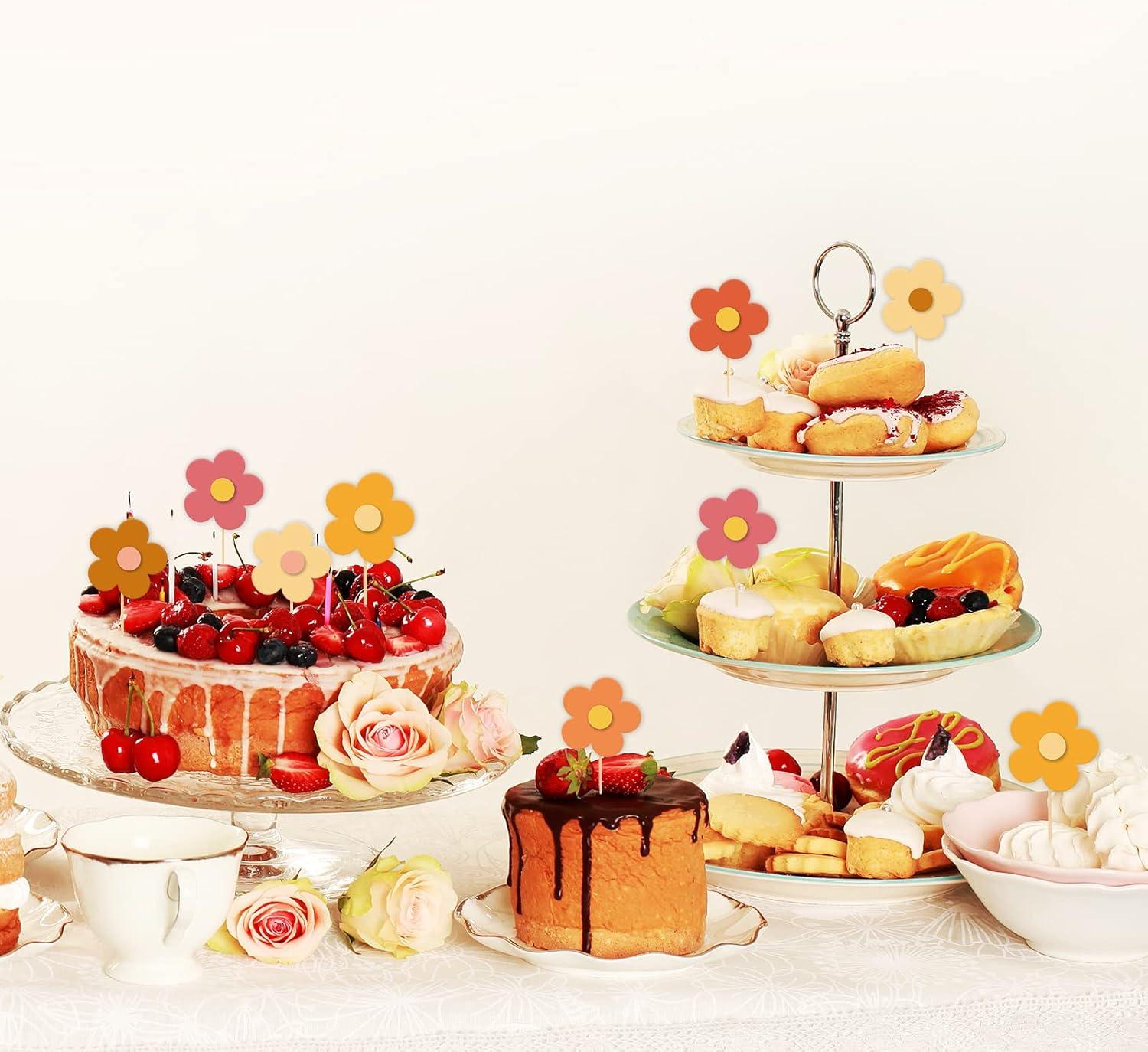 imageWhaline 32Pcs Groovy Retro Hipple Flower Cupcake Toppers 3D Colorful Pink Boho Cupcake Picks with Sticks Glue Point for Boho Party Supplies Cake DecorationsBoho Color