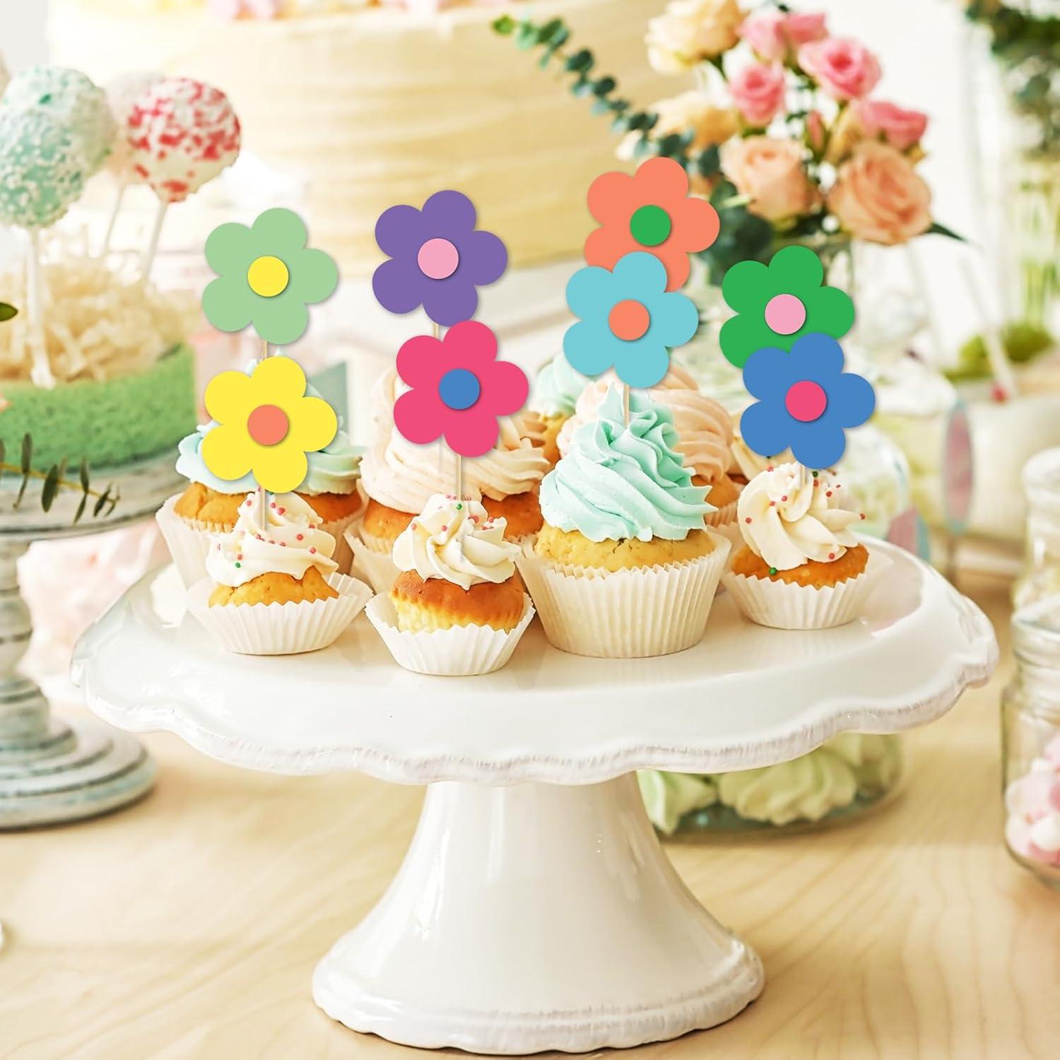 imageWhaline 32Pcs Groovy Retro Hipple Flower Cupcake Toppers 3D Colorful Pink Boho Cupcake Picks with Sticks Glue Point for Boho Party Supplies Cake DecorationsY2k Color