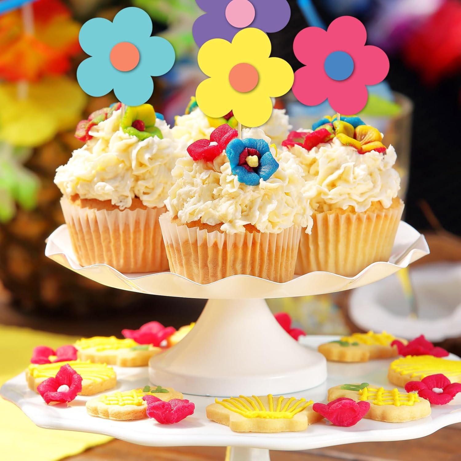 imageWhaline 32Pcs Groovy Retro Hipple Flower Cupcake Toppers 3D Colorful Pink Boho Cupcake Picks with Sticks Glue Point for Boho Party Supplies Cake DecorationsY2k Color