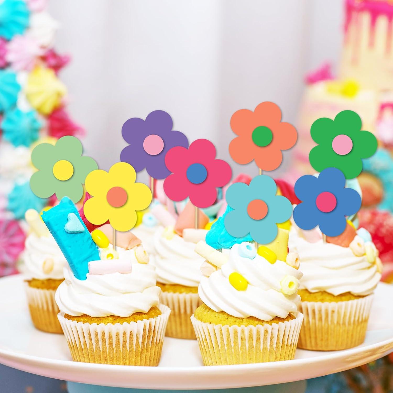 imageWhaline 32Pcs Groovy Retro Hipple Flower Cupcake Toppers 3D Colorful Pink Boho Cupcake Picks with Sticks Glue Point for Boho Party Supplies Cake DecorationsY2k Color