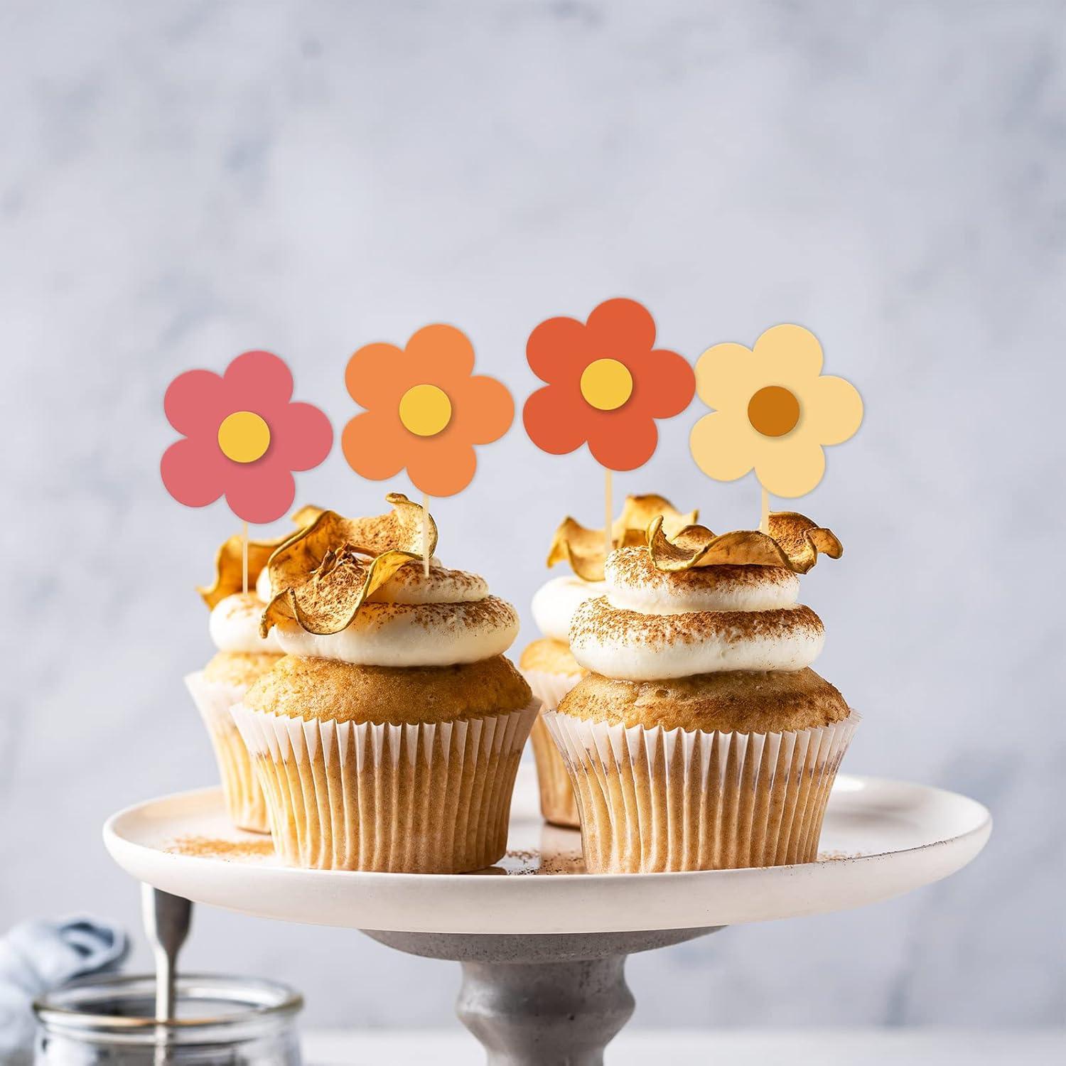 imageWhaline 32Pcs Groovy Retro Hipple Flower Cupcake Toppers 3D Colorful Pink Boho Cupcake Picks with Sticks Glue Point for Boho Party Supplies Cake DecorationsBoho Color