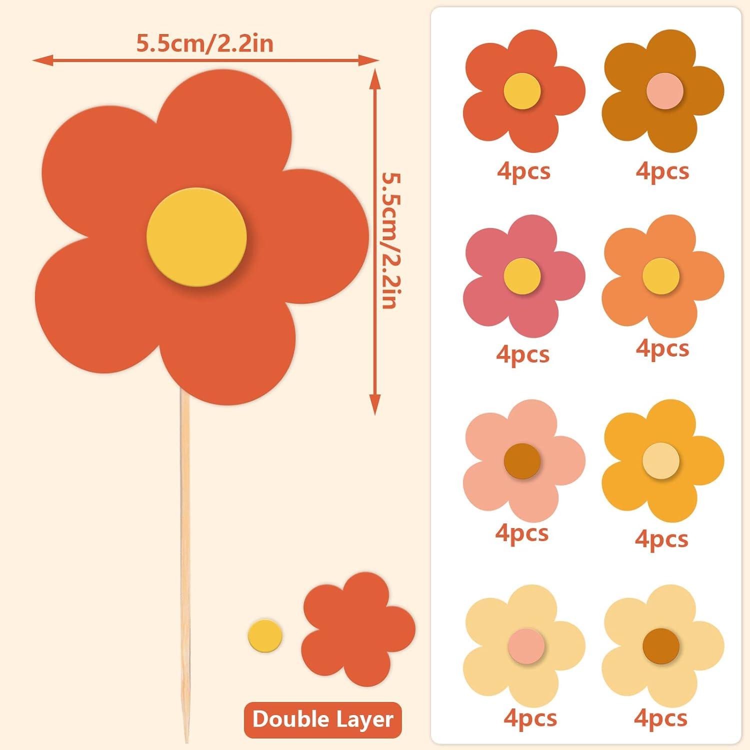 imageWhaline 32Pcs Groovy Retro Hipple Flower Cupcake Toppers 3D Colorful Pink Boho Cupcake Picks with Sticks Glue Point for Boho Party Supplies Cake DecorationsBoho Color