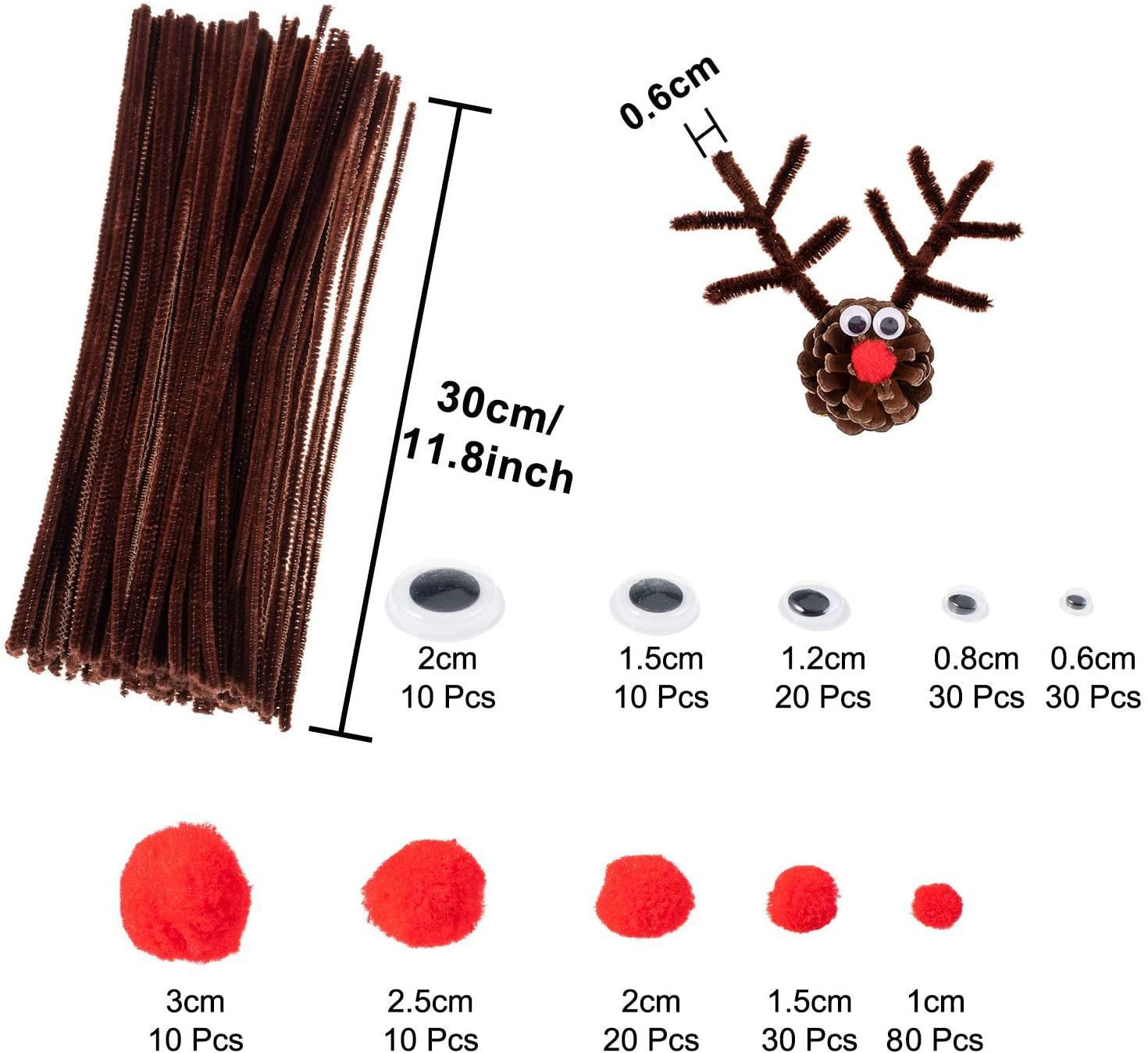 imageWhaline 350 Pcs Christmas Pipe Cleaners Set Including 100 Pcs Brown Craft Chenille Stems 100 Pcs Multi Sized Wiggle Googly Eyes and 150 Pcs Pompoms for Christmas Craft Party DIY Art Supplies