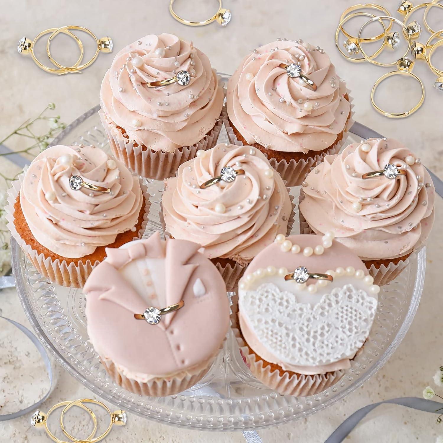 imageWhaline 36 Packs Diamond Engagement Rings Bridal Shower Rings for Wedding Table Decorations Party Supply Favor Accents Cupcake ToppersGold