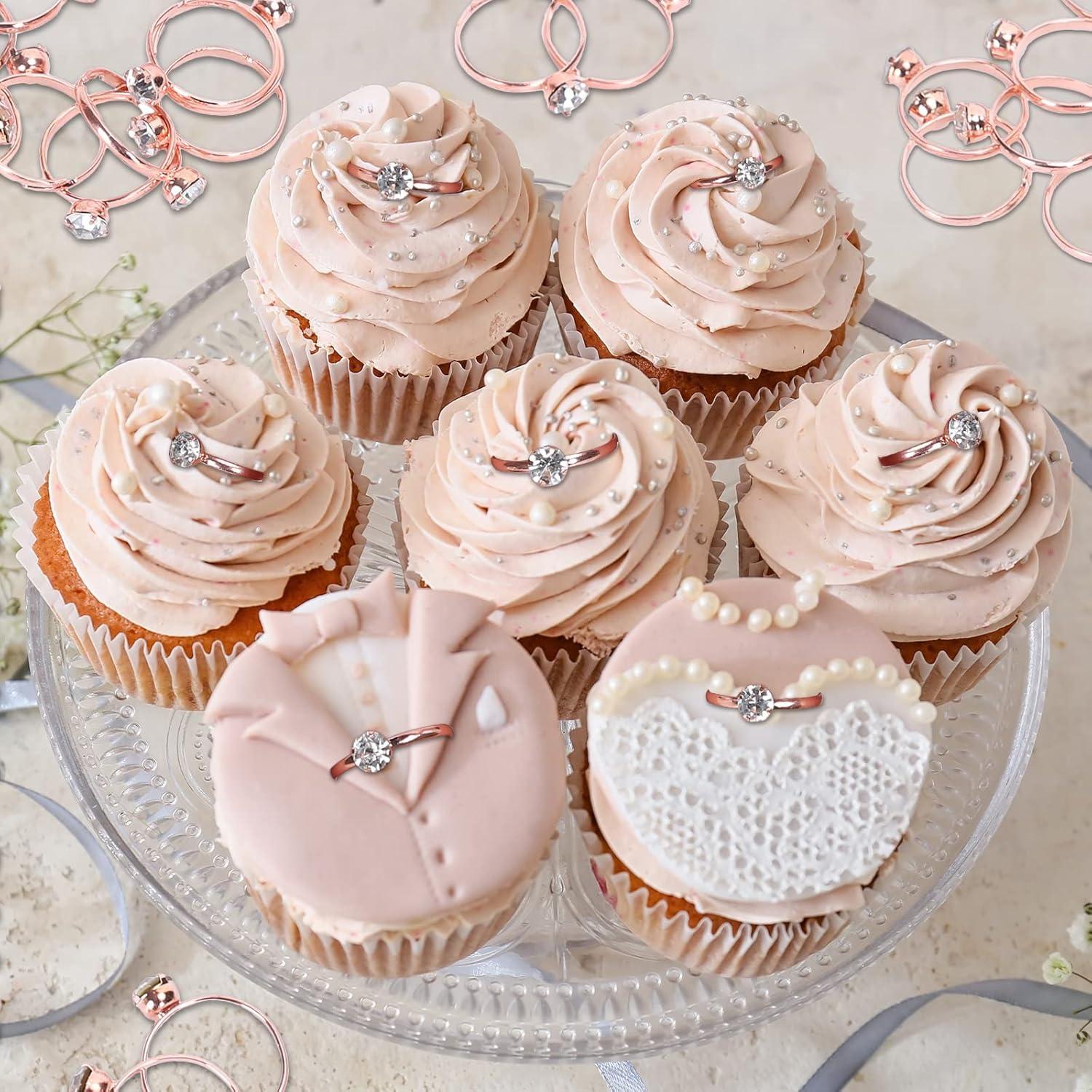 imageWhaline 36 Packs Diamond Engagement Rings Bridal Shower Rings for Wedding Table Decorations Party Supply Favor Accents Cupcake ToppersRose Gold
