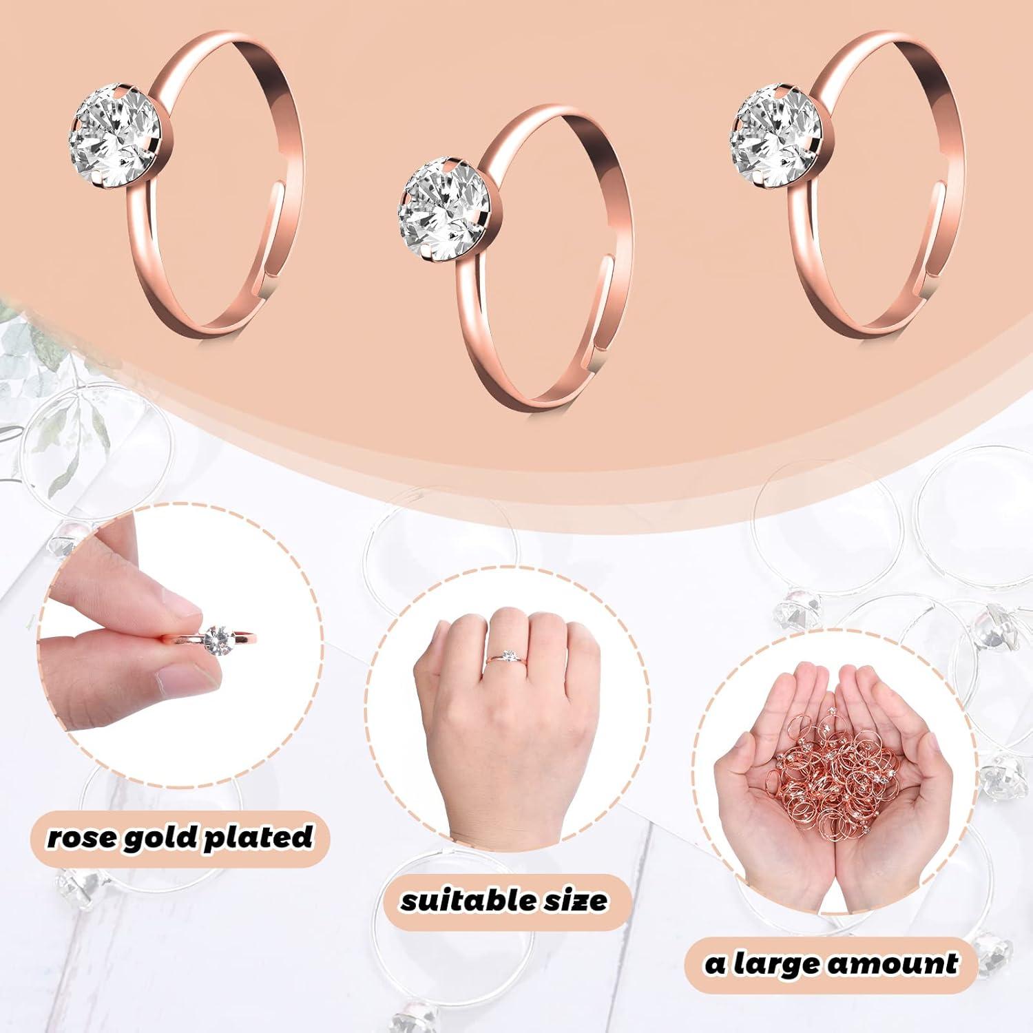 imageWhaline 36 Packs Diamond Engagement Rings Bridal Shower Rings for Wedding Table Decorations Party Supply Favor Accents Cupcake ToppersRose Gold