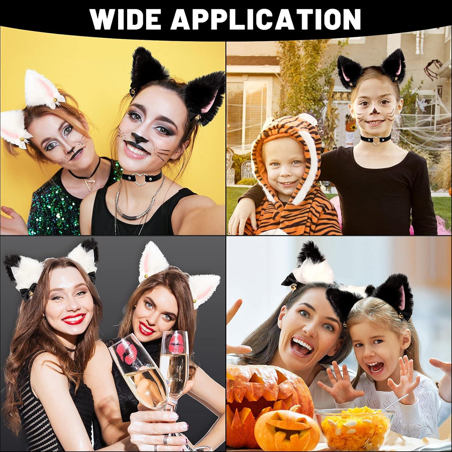 imageWhaline 3pcs Cat Ear Headband with Heart Chocker Necklace White Black Plush Furry Cat Ear Hair Band with Ribbon Bow Bell for Girls Women Adult Cosplay Party Fancy Dress Halloween Drama