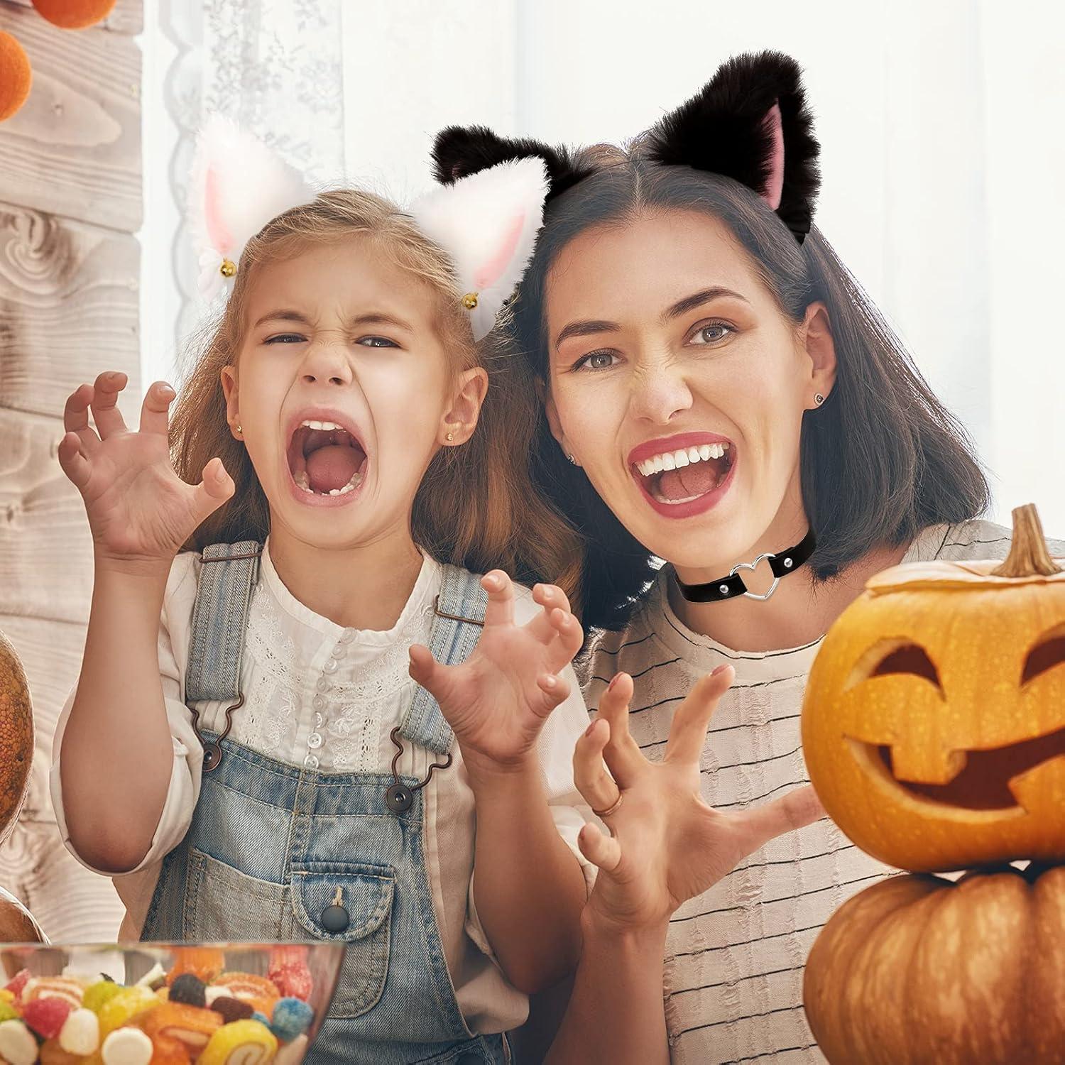 imageWhaline 3pcs Cat Ear Headband with Heart Chocker Necklace White Black Plush Furry Cat Ear Hair Band with Ribbon Bow Bell for Girls Women Adult Cosplay Party Fancy Dress Halloween Drama