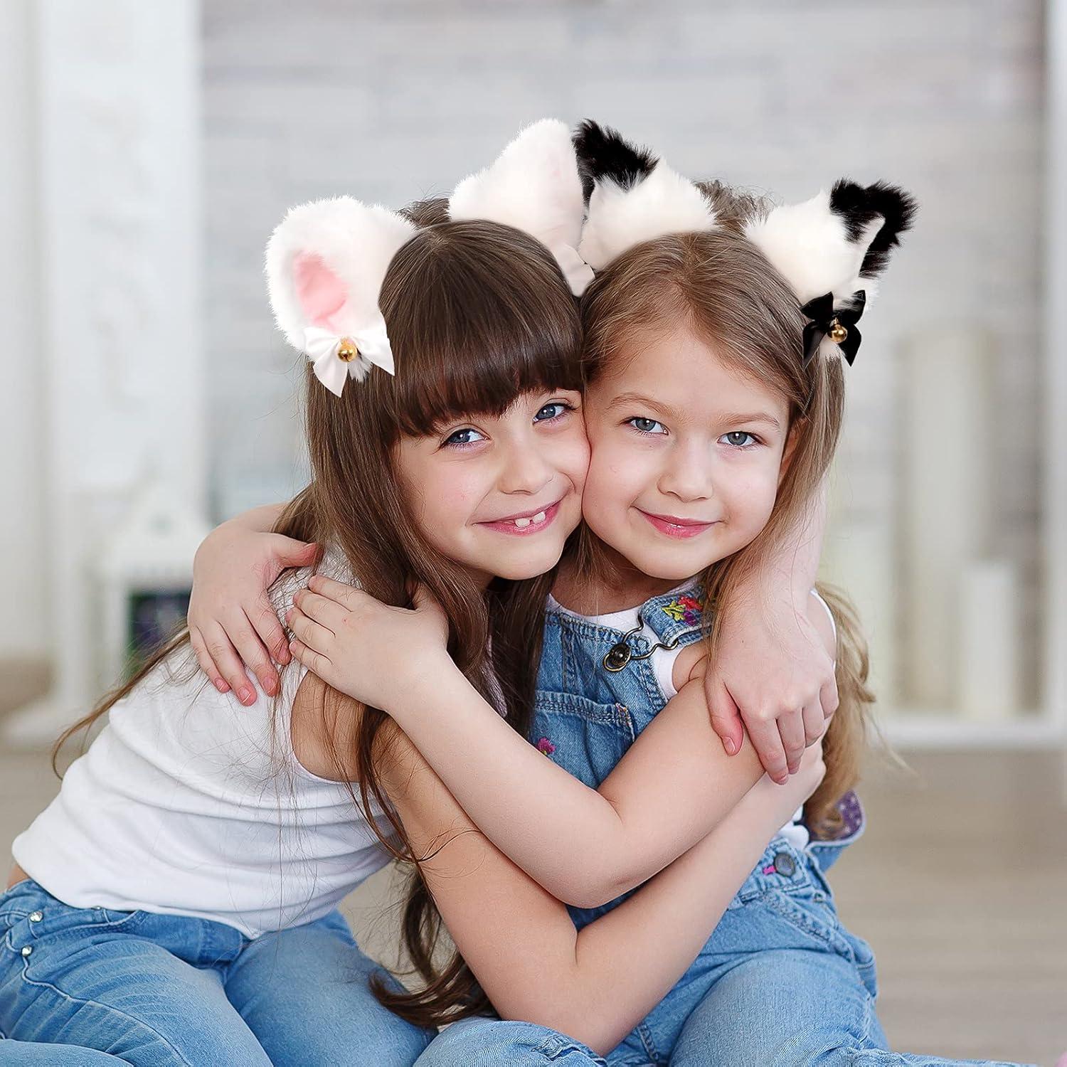 imageWhaline 3pcs Cat Ear Headband with Heart Chocker Necklace White Black Plush Furry Cat Ear Hair Band with Ribbon Bow Bell for Girls Women Adult Cosplay Party Fancy Dress Halloween Drama