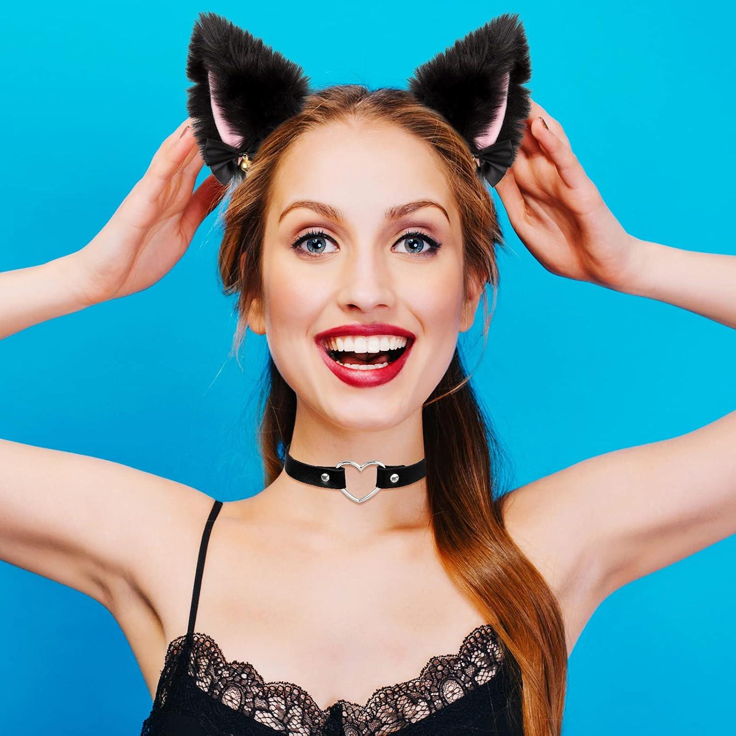 imageWhaline 3pcs Cat Ear Headband with Heart Chocker Necklace White Black Plush Furry Cat Ear Hair Band with Ribbon Bow Bell for Girls Women Adult Cosplay Party Fancy Dress Halloween Drama
