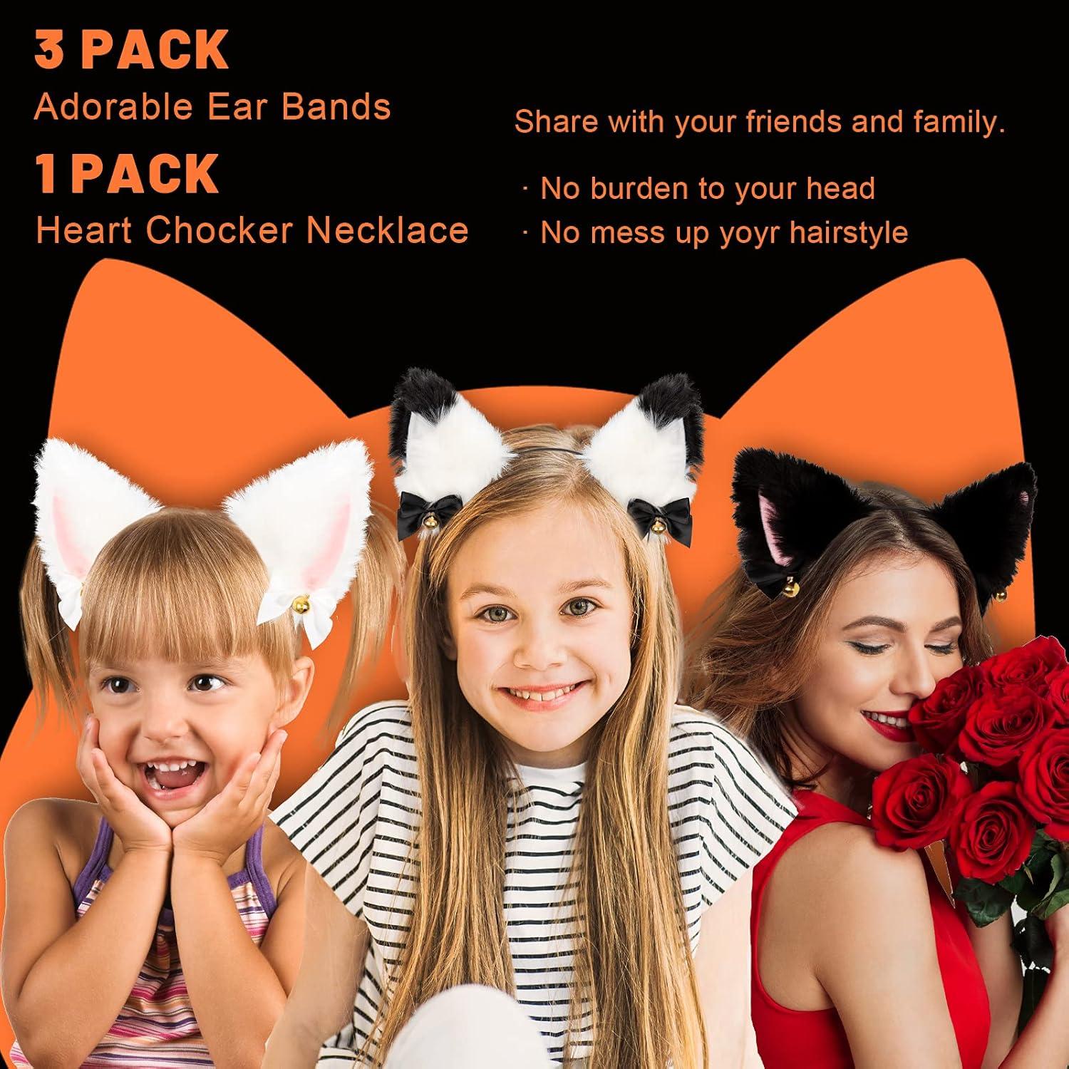 imageWhaline 3pcs Cat Ear Headband with Heart Chocker Necklace White Black Plush Furry Cat Ear Hair Band with Ribbon Bow Bell for Girls Women Adult Cosplay Party Fancy Dress Halloween Drama