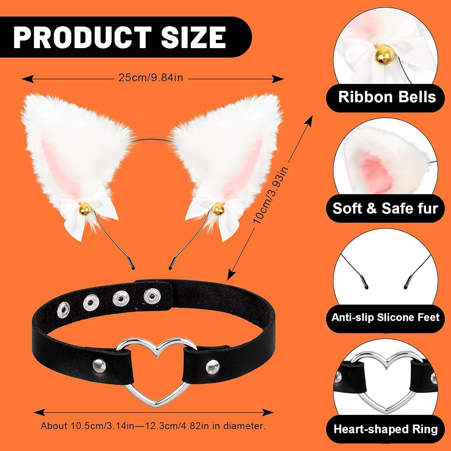 imageWhaline 3pcs Cat Ear Headband with Heart Chocker Necklace White Black Plush Furry Cat Ear Hair Band with Ribbon Bow Bell for Girls Women Adult Cosplay Party Fancy Dress Halloween Drama