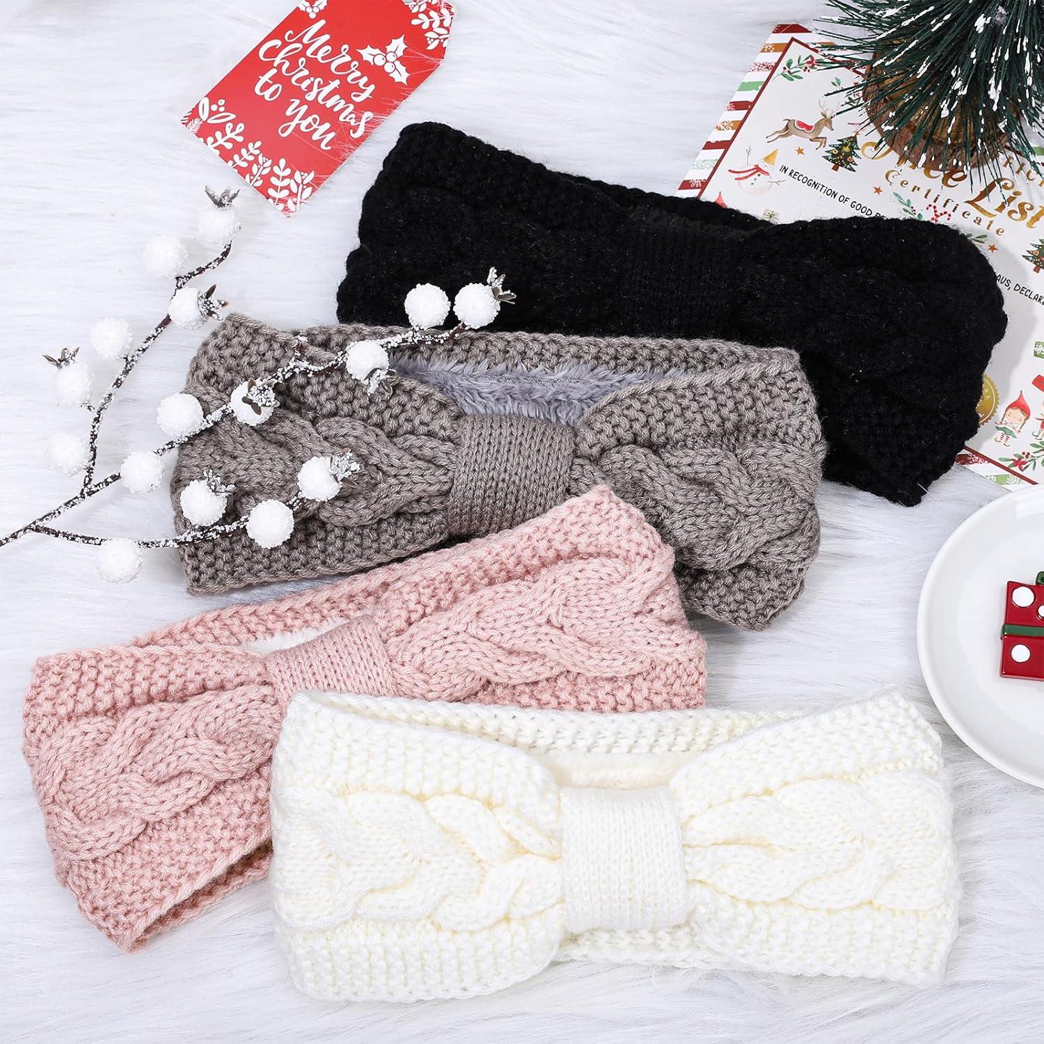 imageWhaline 4 Pack Twisted Knit Headbands Winter Knotted Head Wraps Fuzzy Lined Headband Thick Crochet Turban Ear Warmer Elastic Hair Band Accessories for Women White Pink Black GreyWhite Black