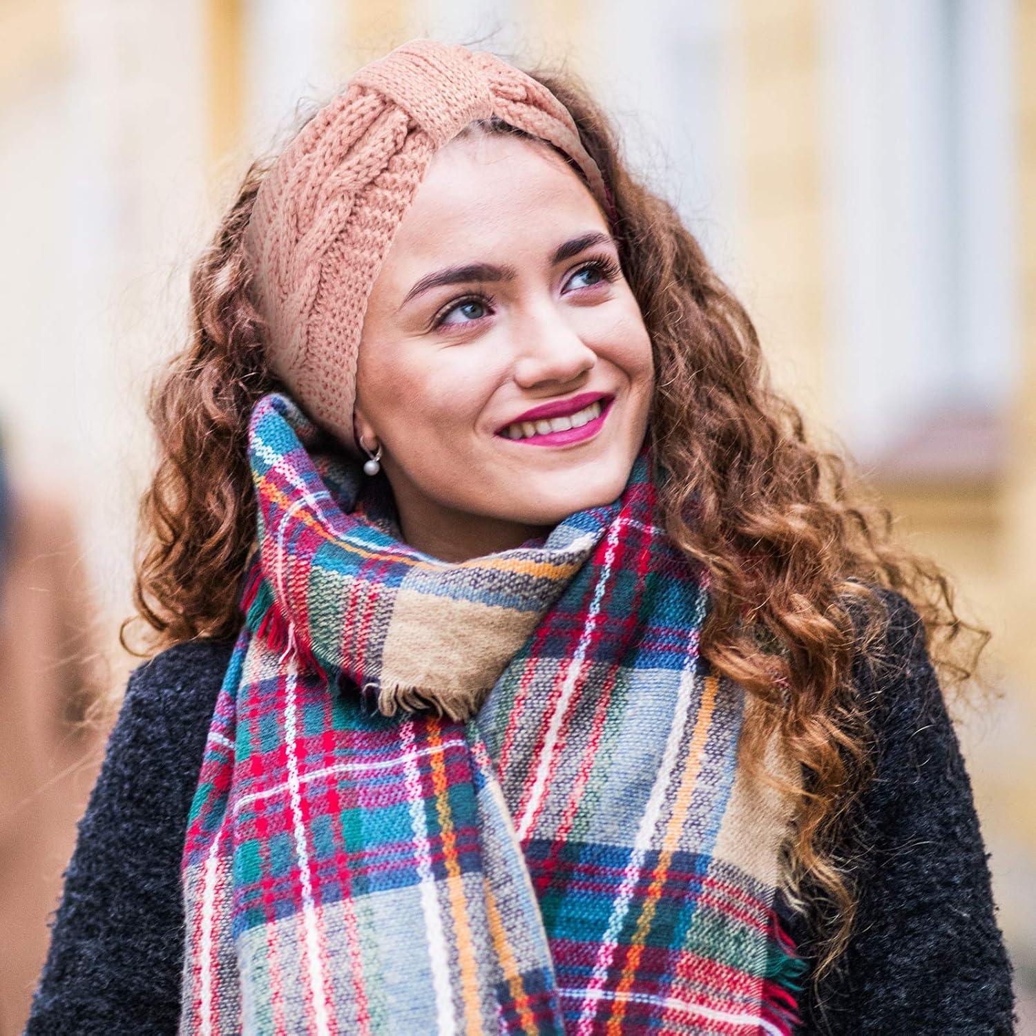 imageWhaline 4 Pack Twisted Knit Headbands Winter Knotted Head Wraps Fuzzy Lined Headband Thick Crochet Turban Ear Warmer Elastic Hair Band Accessories for Women White Pink Black GreyLight Color