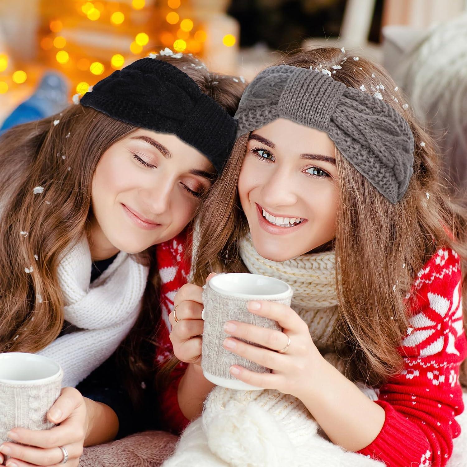 imageWhaline 4 Pack Twisted Knit Headbands Winter Knotted Head Wraps Fuzzy Lined Headband Thick Crochet Turban Ear Warmer Elastic Hair Band Accessories for Women White Pink Black GreyWhite Black