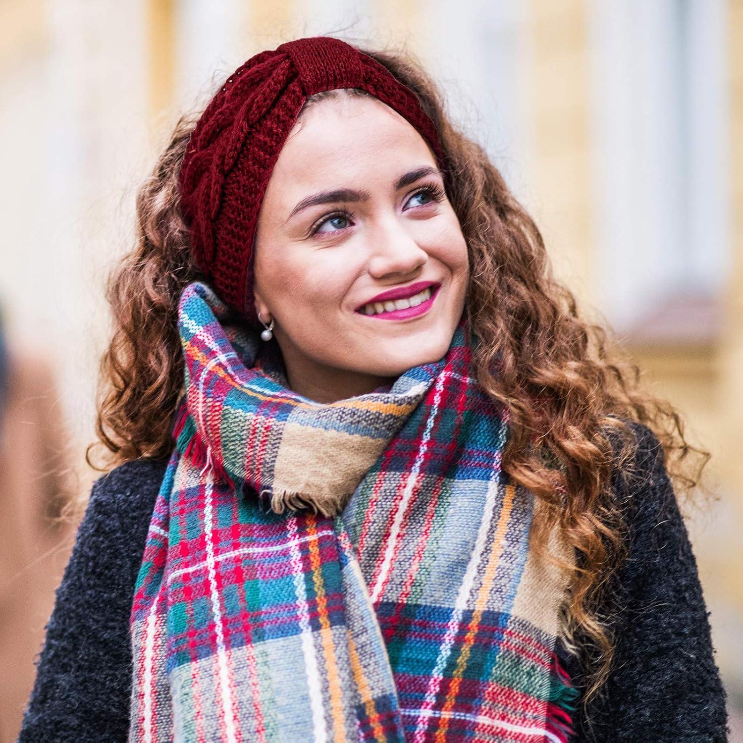 imageWhaline 4 Pack Twisted Knit Headbands Winter Knotted Head Wraps Fuzzy Lined Headband Thick Crochet Turban Ear Warmer Elastic Hair Band Accessories for Women White Pink Black GreyDark Color